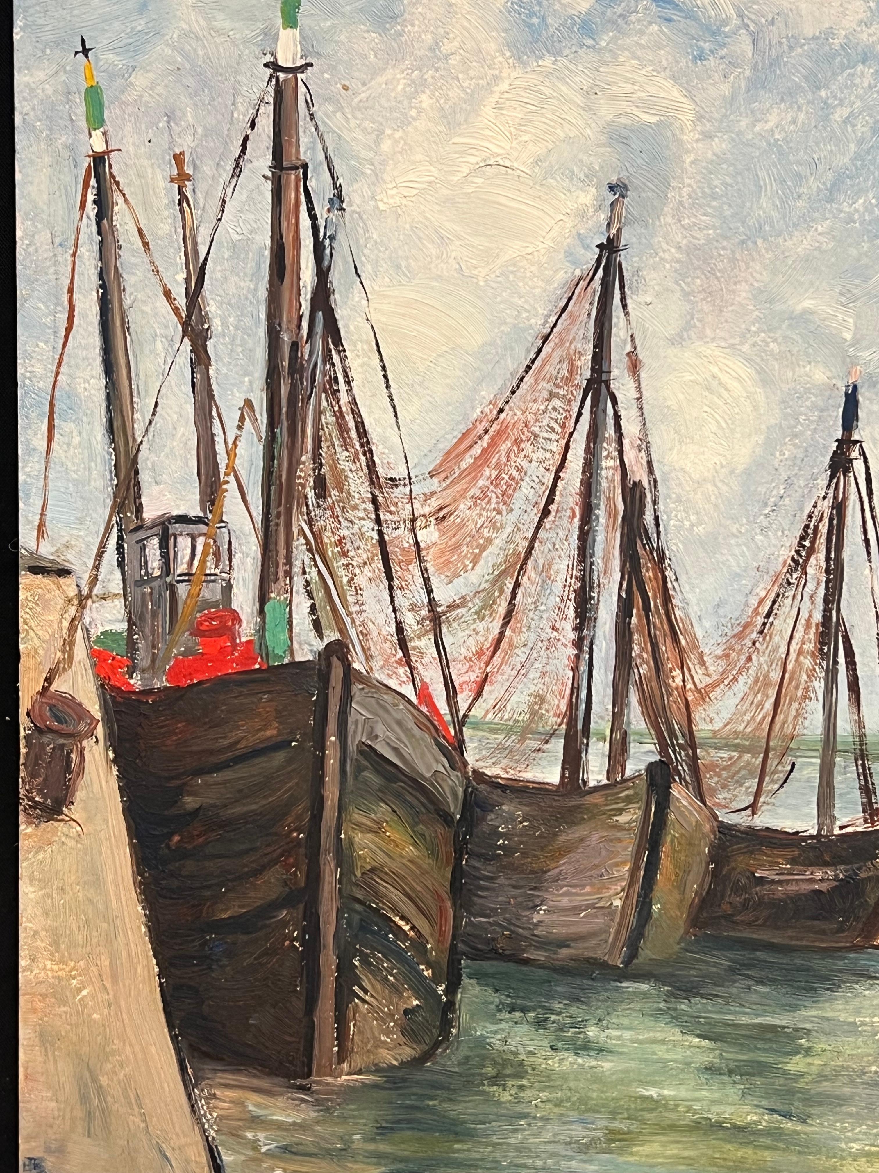 Barcos de pesca impresionistas franceses de los años 50 Atracados en el estuario del puerto en venta 2