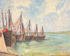 1950's French Impressionist Fishing Boats Moored Harbour Estuary