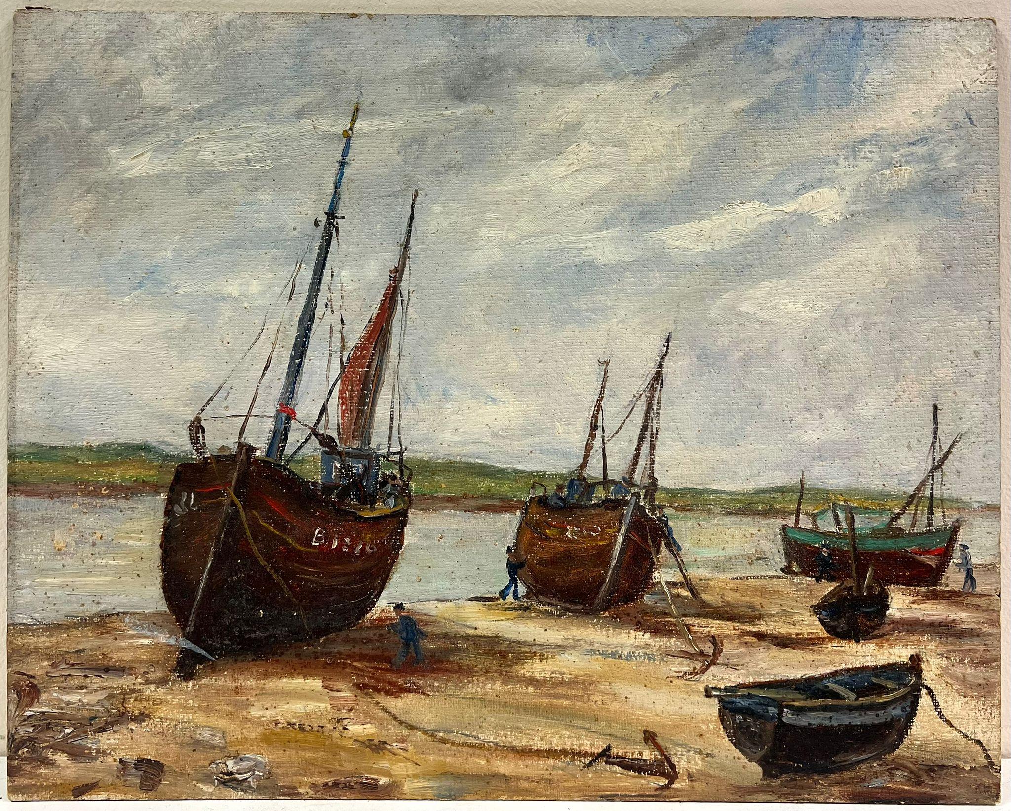 1950er Jahre Französisch Impressionist Öl Fischerboote verankert Strand Mündung – Painting von Simone Forge