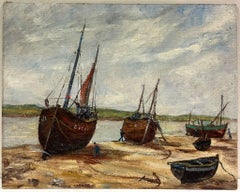 1950's French Impressionist Oil Fishing Boats Anchored Beach Estuary