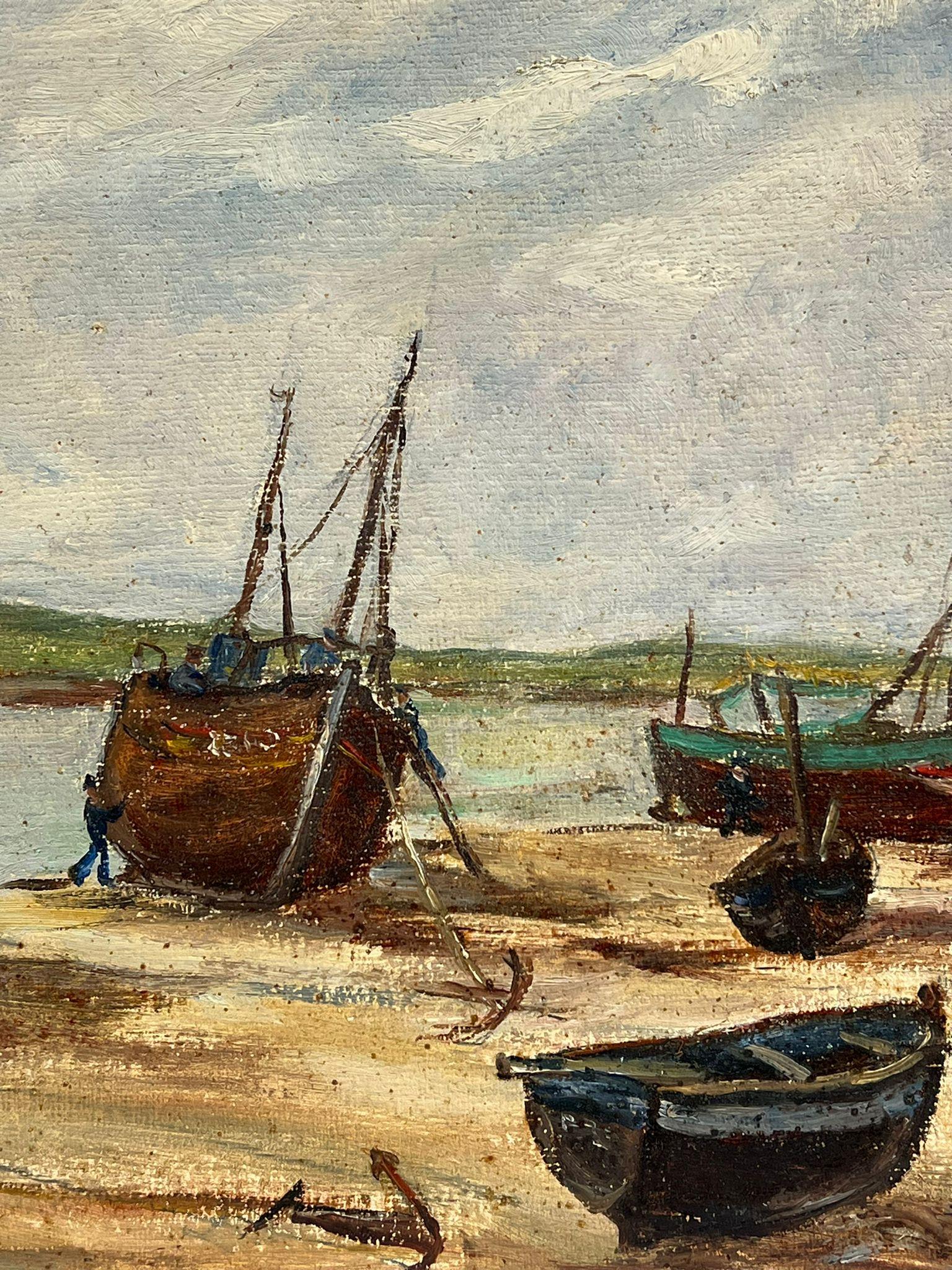 1950er Jahre Französisch Impressionist Öl Fischerboote verankert Strand Mündung (Impressionismus), Painting, von Simone Forge
