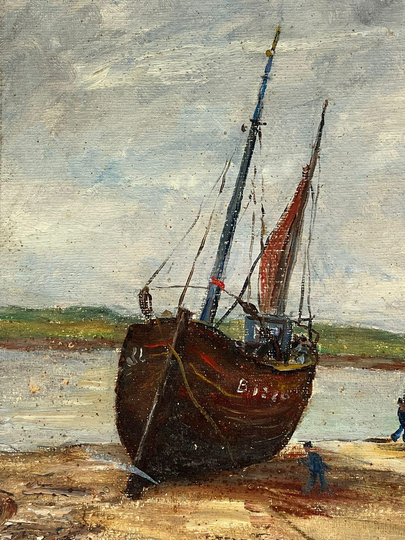 1950er Jahre Französisch Impressionist Öl Fischerboote verankert Strand Mündung (Braun), Landscape Painting, von Simone Forge