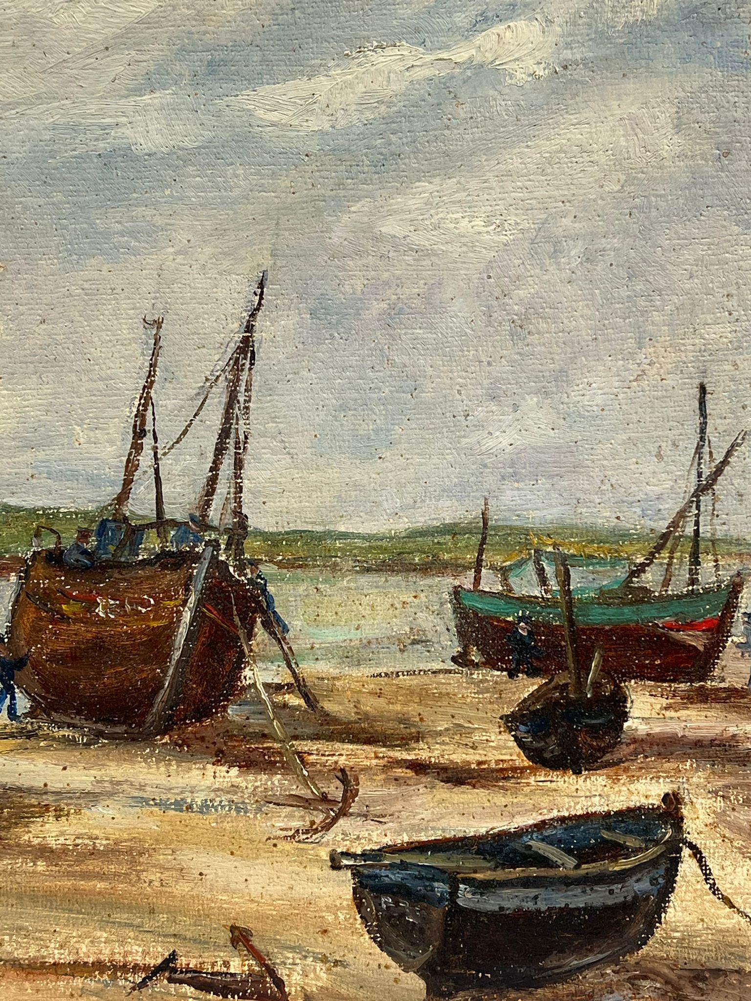 1950er Jahre Französisch Impressionist Öl Fischerboote verankert Strand Mündung im Angebot 1
