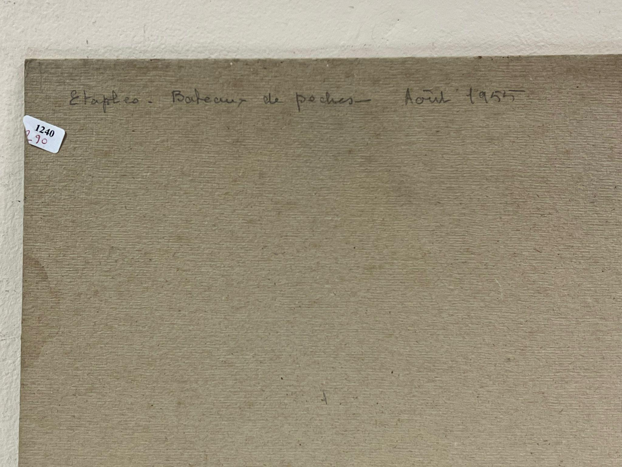 1950er Jahre Französisch Impressionist Öl Fischerboote verankert Strand Mündung im Angebot 2