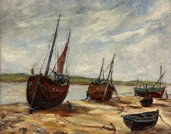 1950's French Impressionist Oil Fishing Boats Anchored Beach Estuary