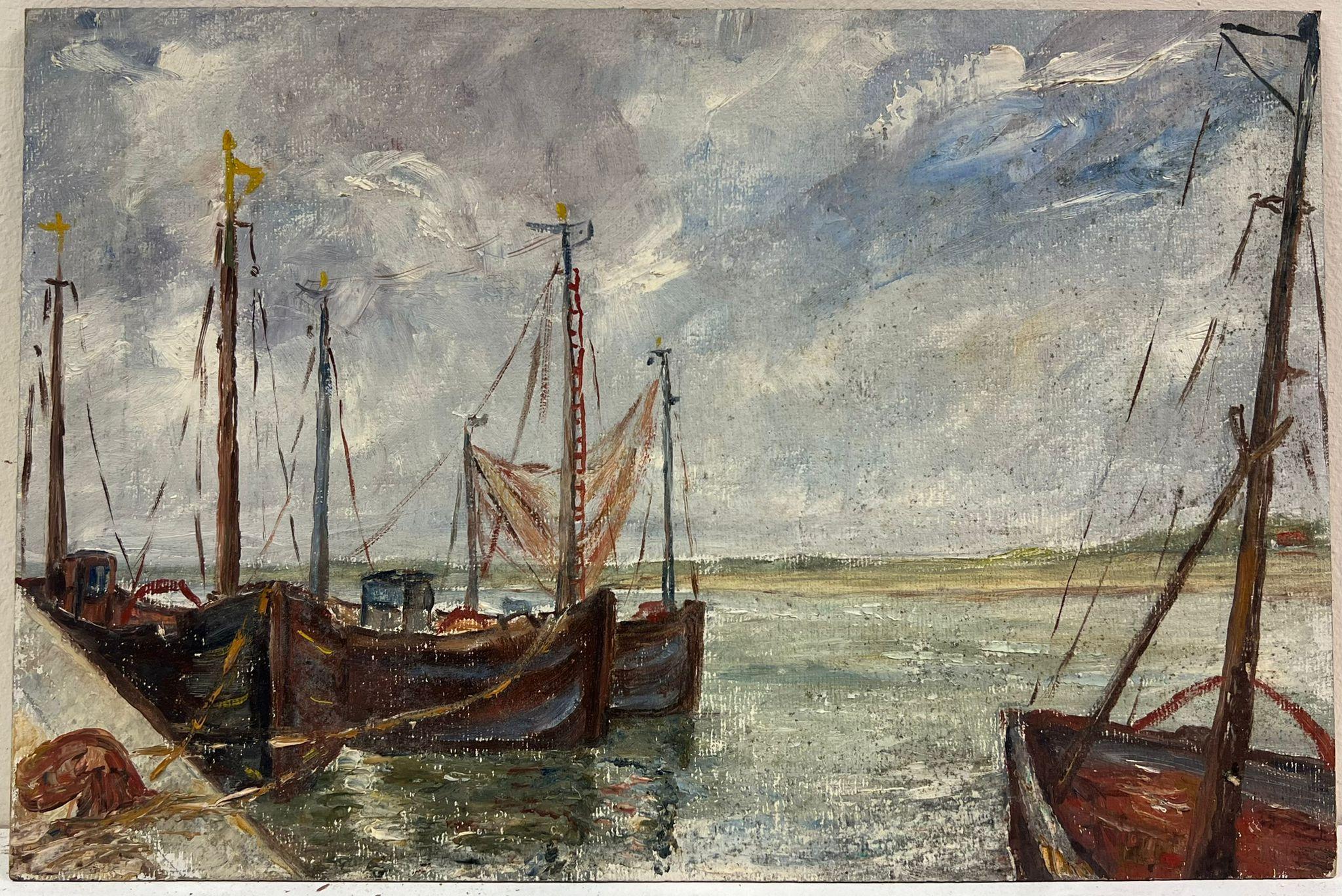 1950's Französisch Impressionist Öl Fischerboote in windgepeitschten Hafen Szene – Painting von Simone Forge