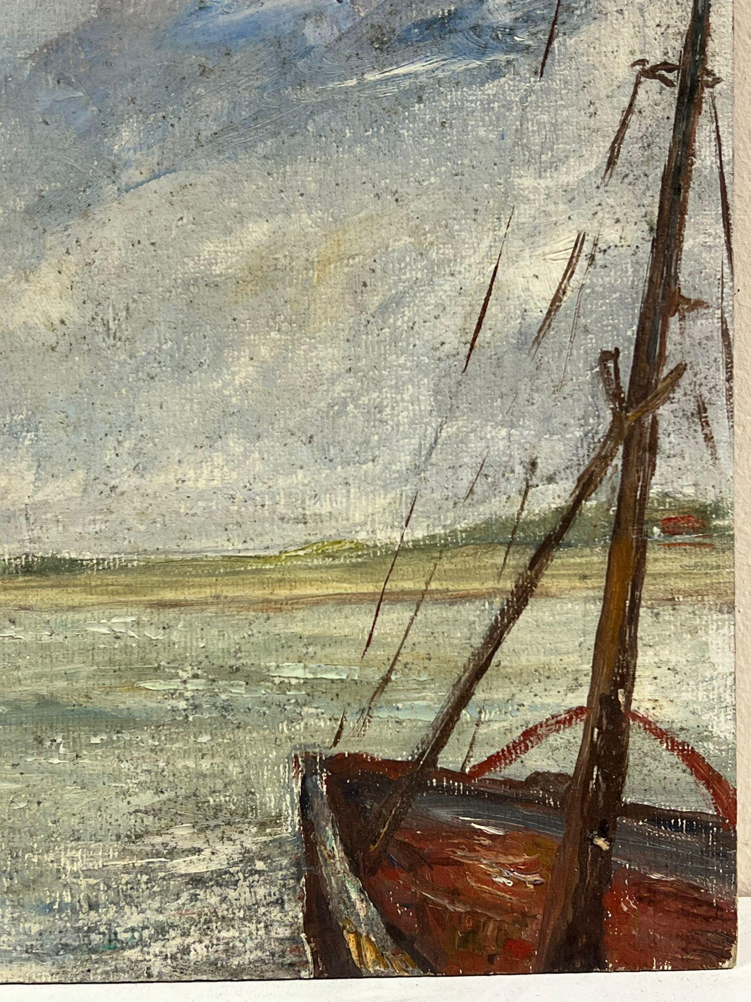 1950's Französisch Impressionist Öl Fischerboote in windgepeitschten Hafen Szene (Impressionismus), Painting, von Simone Forge