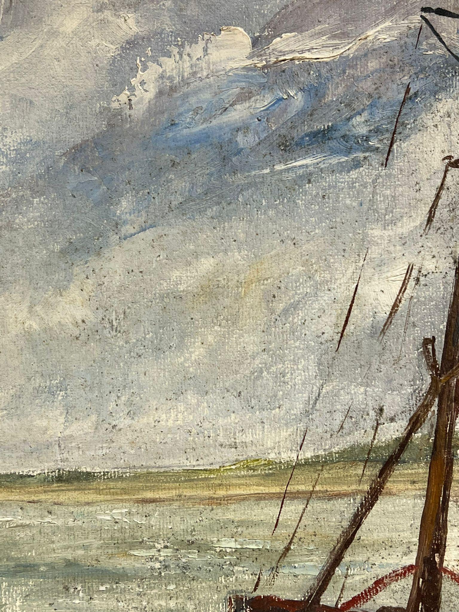 1950's Französisch Impressionist Öl Fischerboote in windgepeitschten Hafen Szene (Grau), Landscape Painting, von Simone Forge