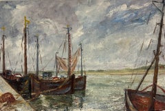 Óleo impresionista francés de los años 50 Barcos de pesca en una escena portuaria azotada por el viento