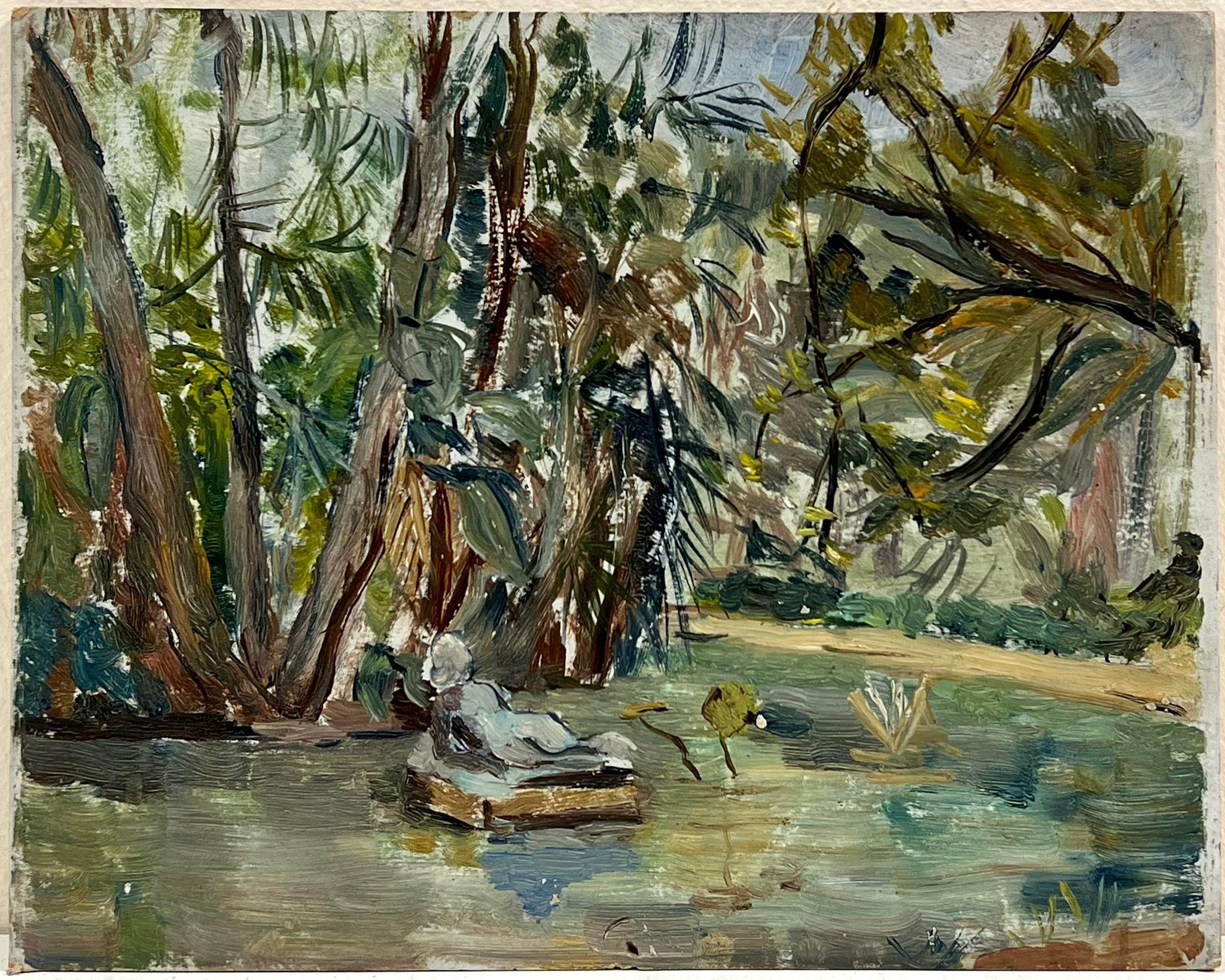Óleo impresionista francés de los años 50 Figura desnuda reclinada en un bosque - Painting de Simone Forge