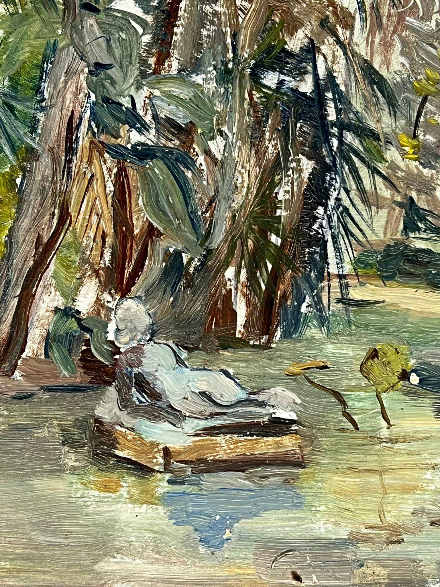 Óleo impresionista francés de los años 50 Figura desnuda reclinada en un bosque - Painting Impresionista de Simone Forge