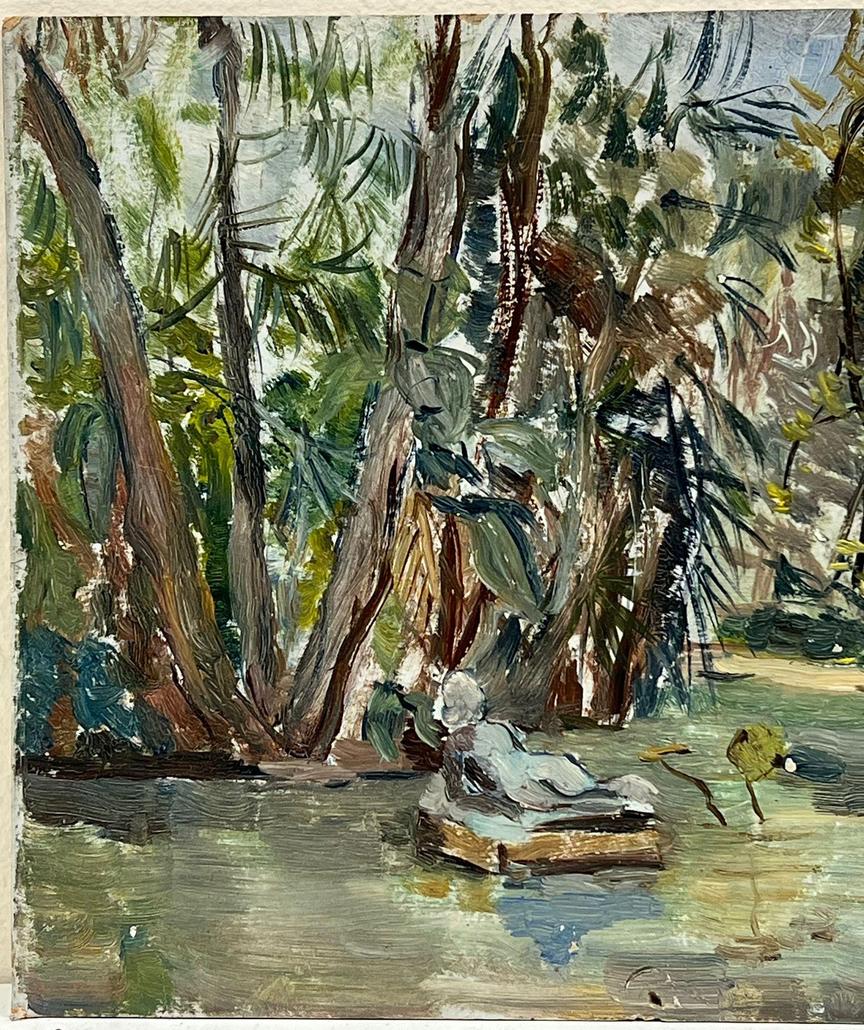 Óleo impresionista francés de los años 50 Figura desnuda reclinada en un bosque - Figurative Painting Gris de Simone Forge