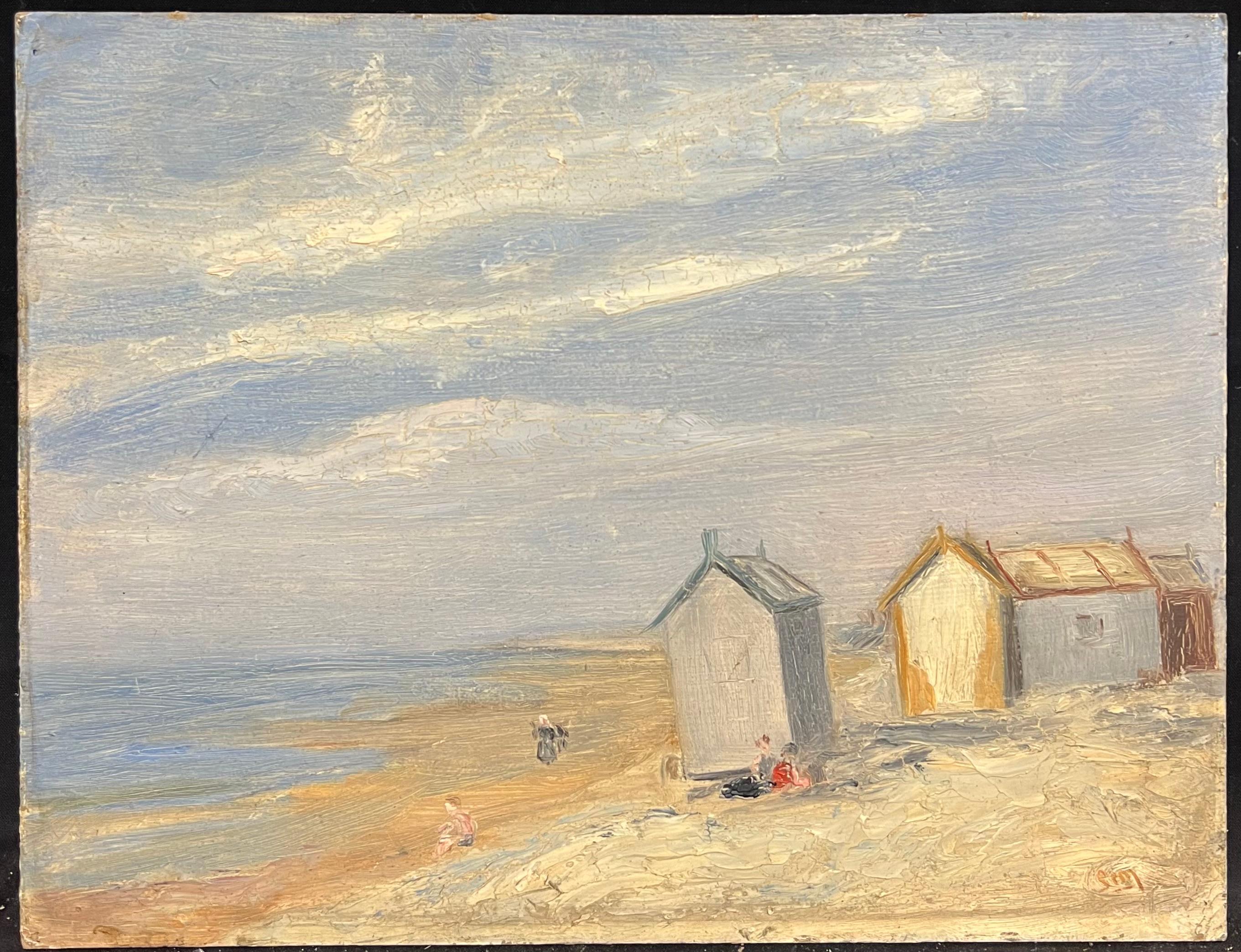 Beach Huts on a Tranquil Shore with Figures Relaxing under a Soft Blue Sky - Painting by Simone Forge