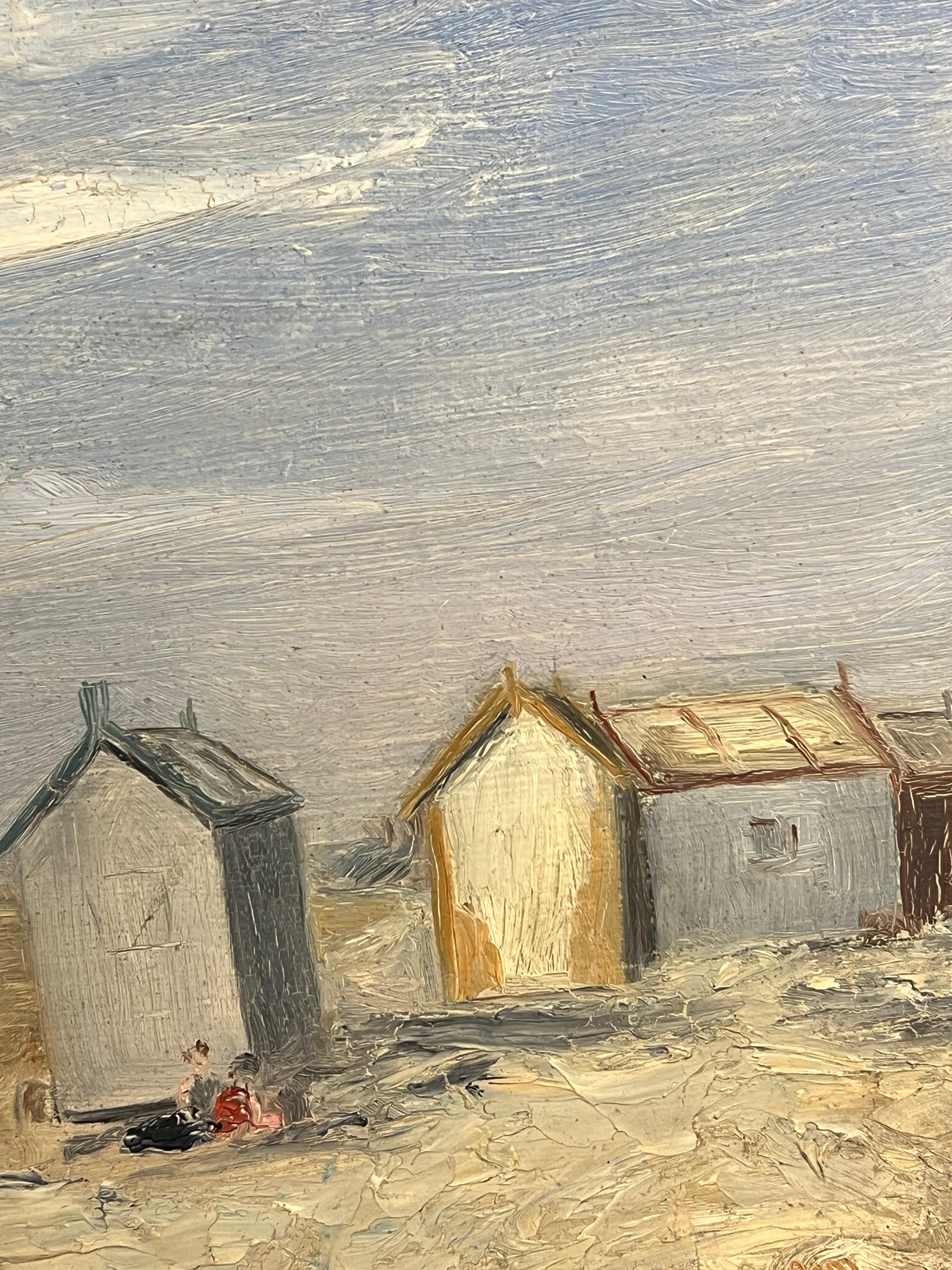 Beach Huts on a Tranquil Shore with Figures Relaxing under a Soft Blue Sky - Impressionist Painting by Simone Forge