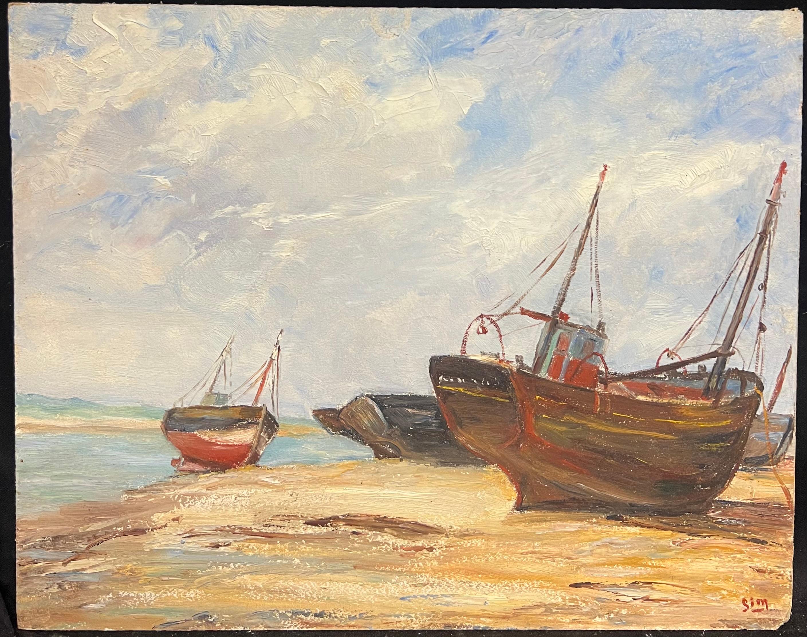 Beached Fishing Boats Resting on the Shoreline under a Cloudy Sky - Painting by Simone Forge