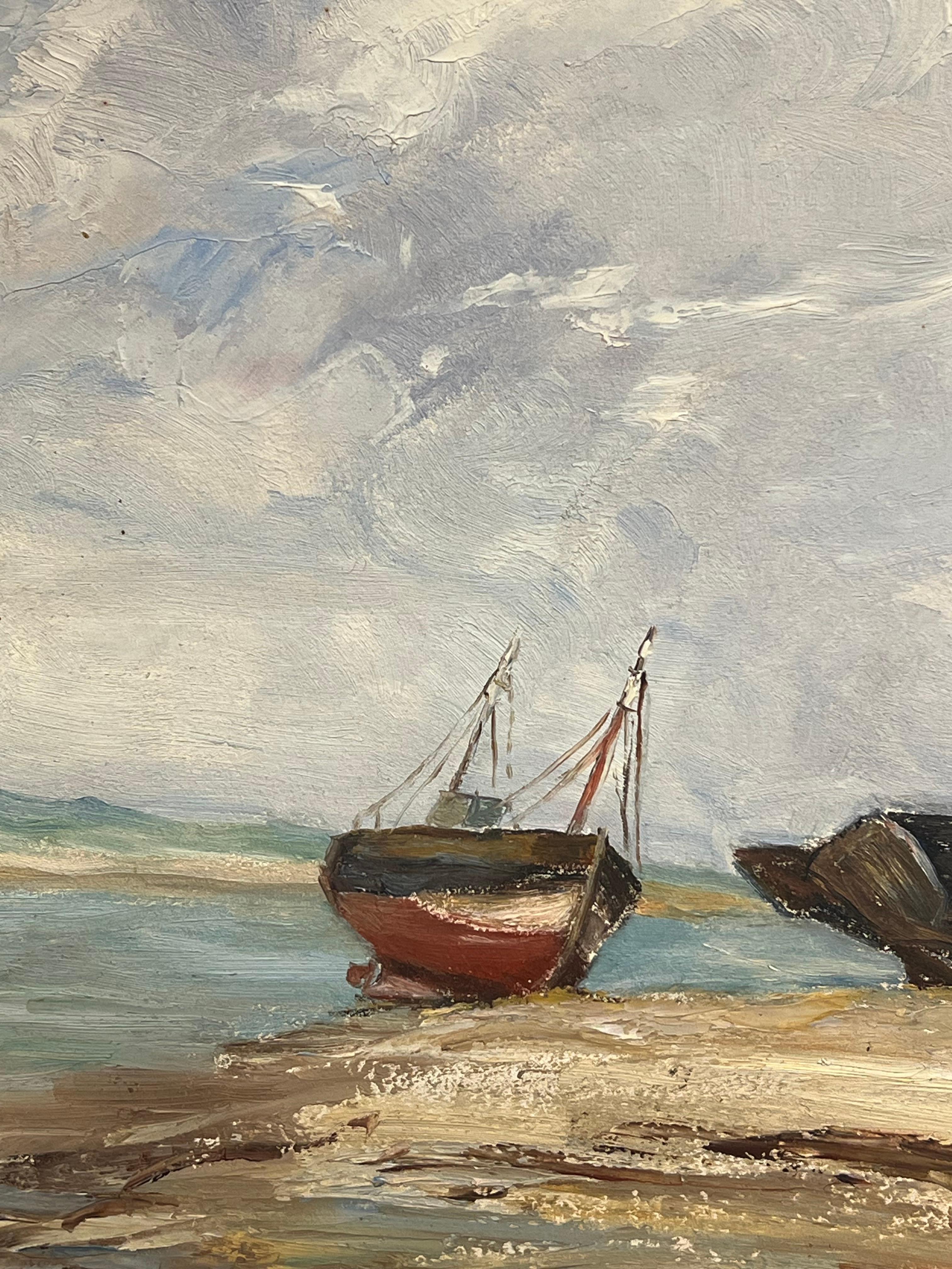 Beached Fishing Boats Resting on the Shoreline under a Cloudy Sky - Beige Landscape Painting by Simone Forge