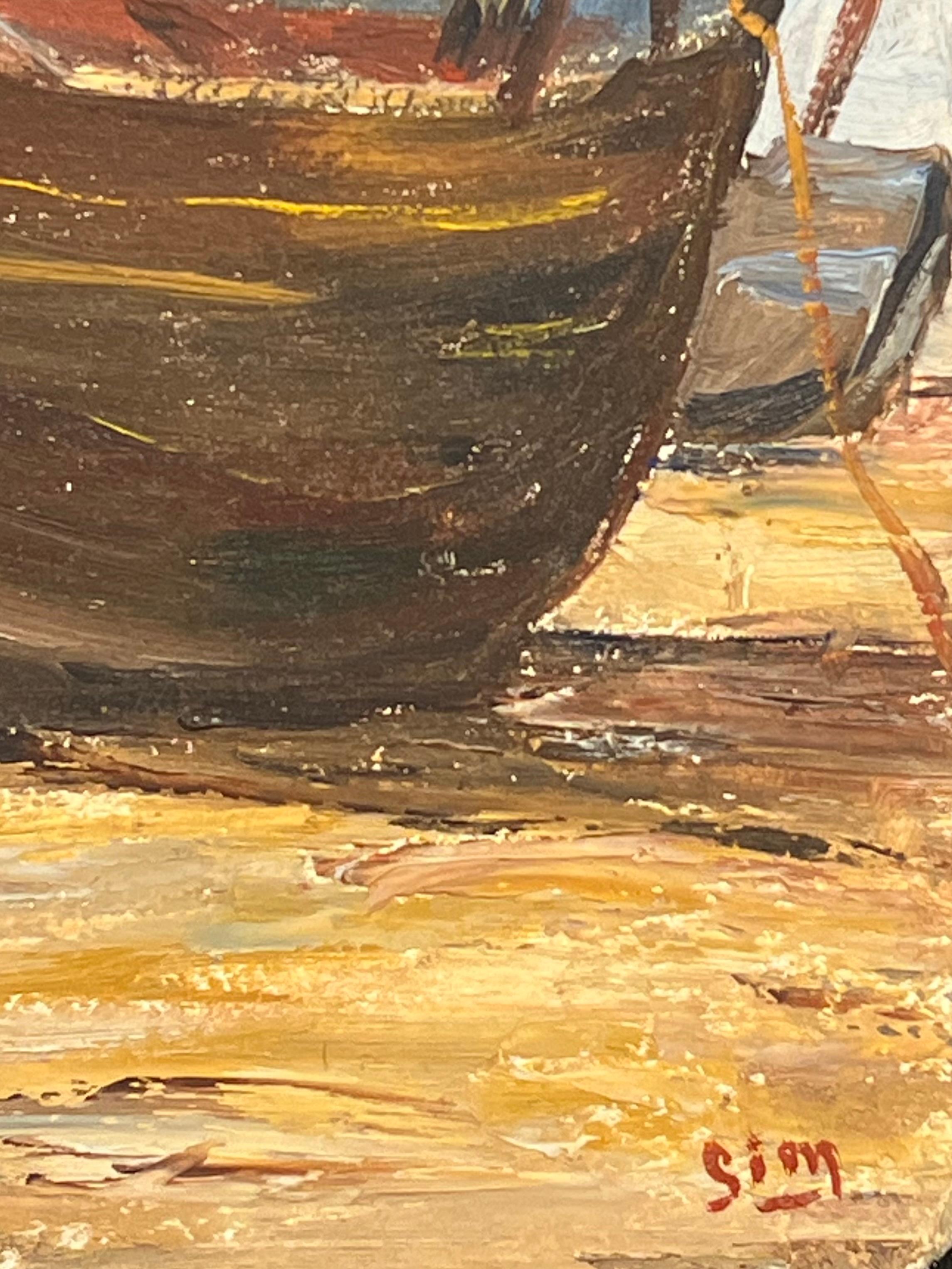 Beached Fishing Boats
Simone Forge 1930's French Impressionist 
signed oil on board unframed
board: 13 x 16 inches
inscribed verso
Provenance: private collection
Condition: great condition 

For more any more information please do contact us with