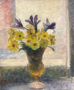 Antique Bright Still Life with Yellow Daisies and Purple Irises in a Glass Vase