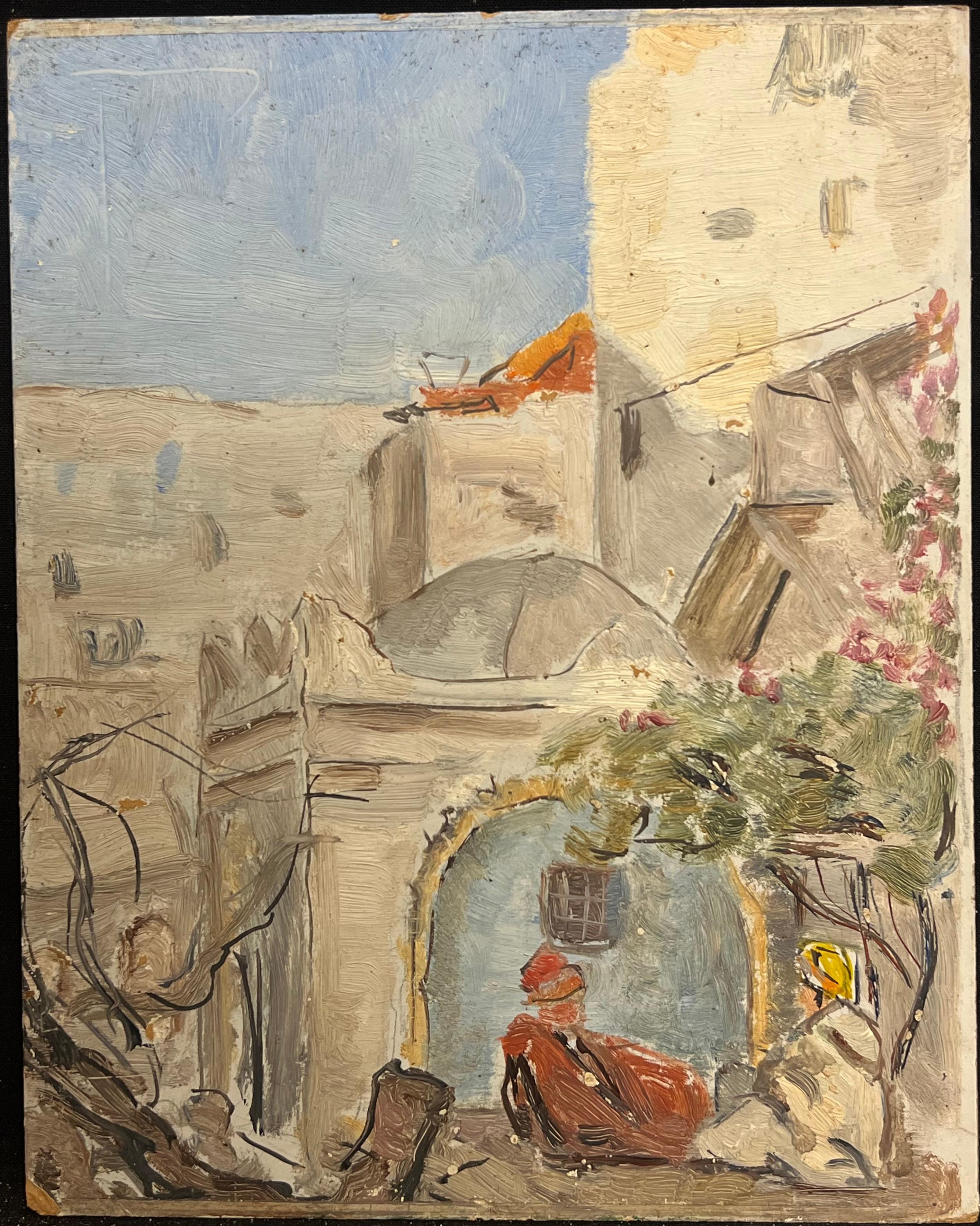 Courtyard Scene with Arched Doorway Rustic Walls and Figures in Traditional Garb - Painting by Simone Forge