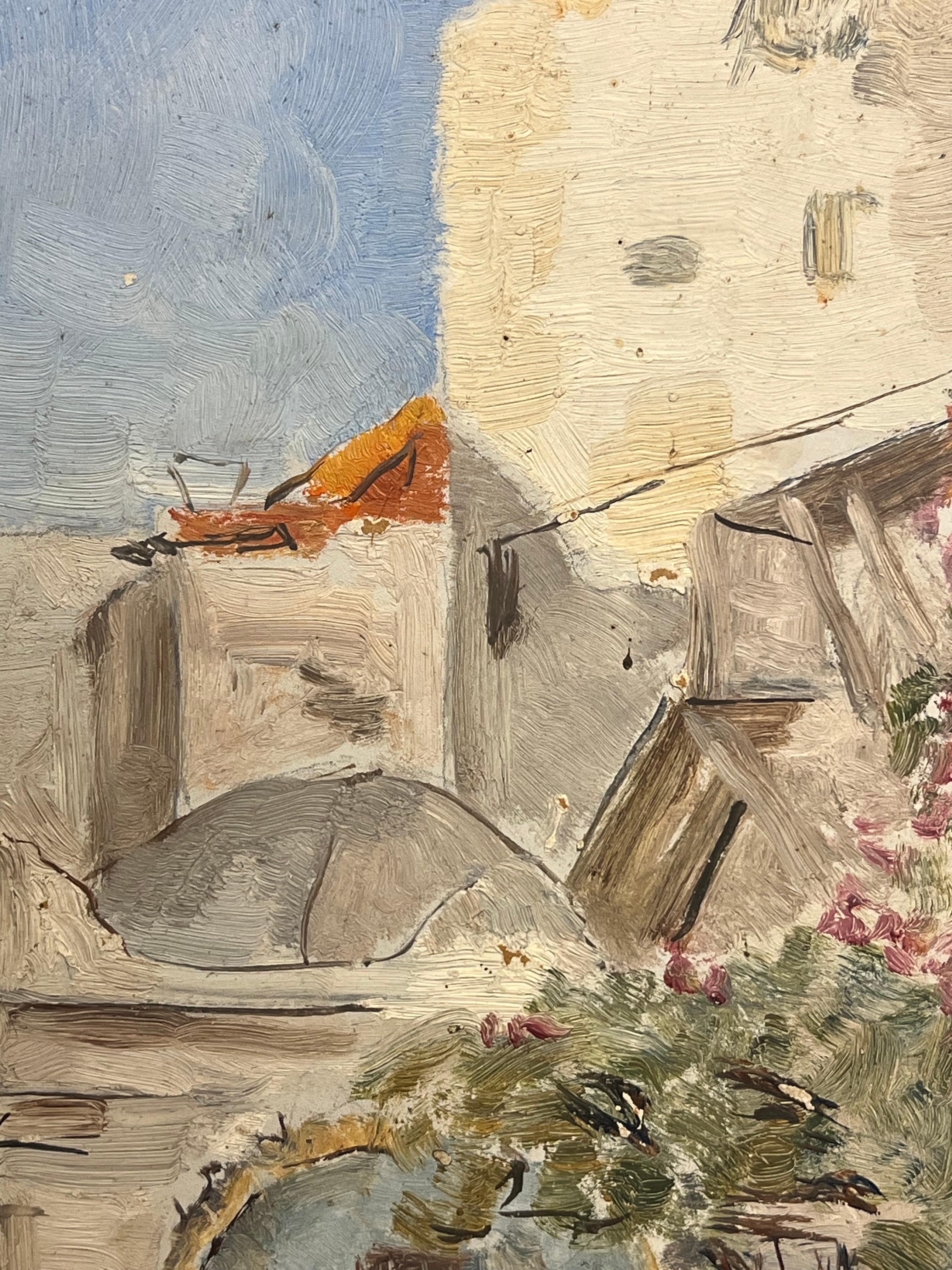 Courtyard Scene with Arched Doorway Rustic Walls and Figures in Traditional Garb - Impressionist Painting by Simone Forge