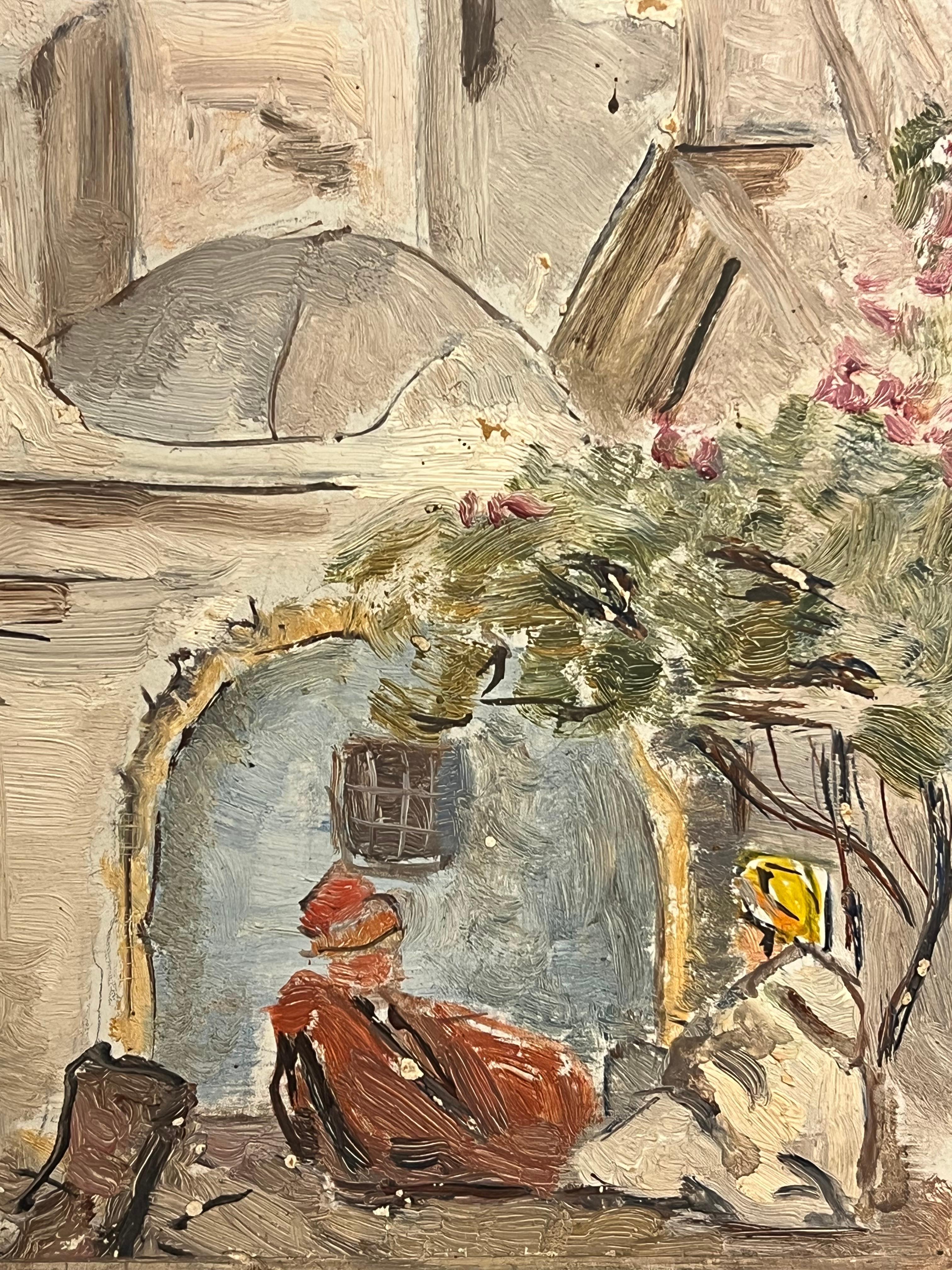 Courtyard Scene with Arched Doorway Rustic Walls and Figures in Traditional Garb - Brown Landscape Painting by Simone Forge