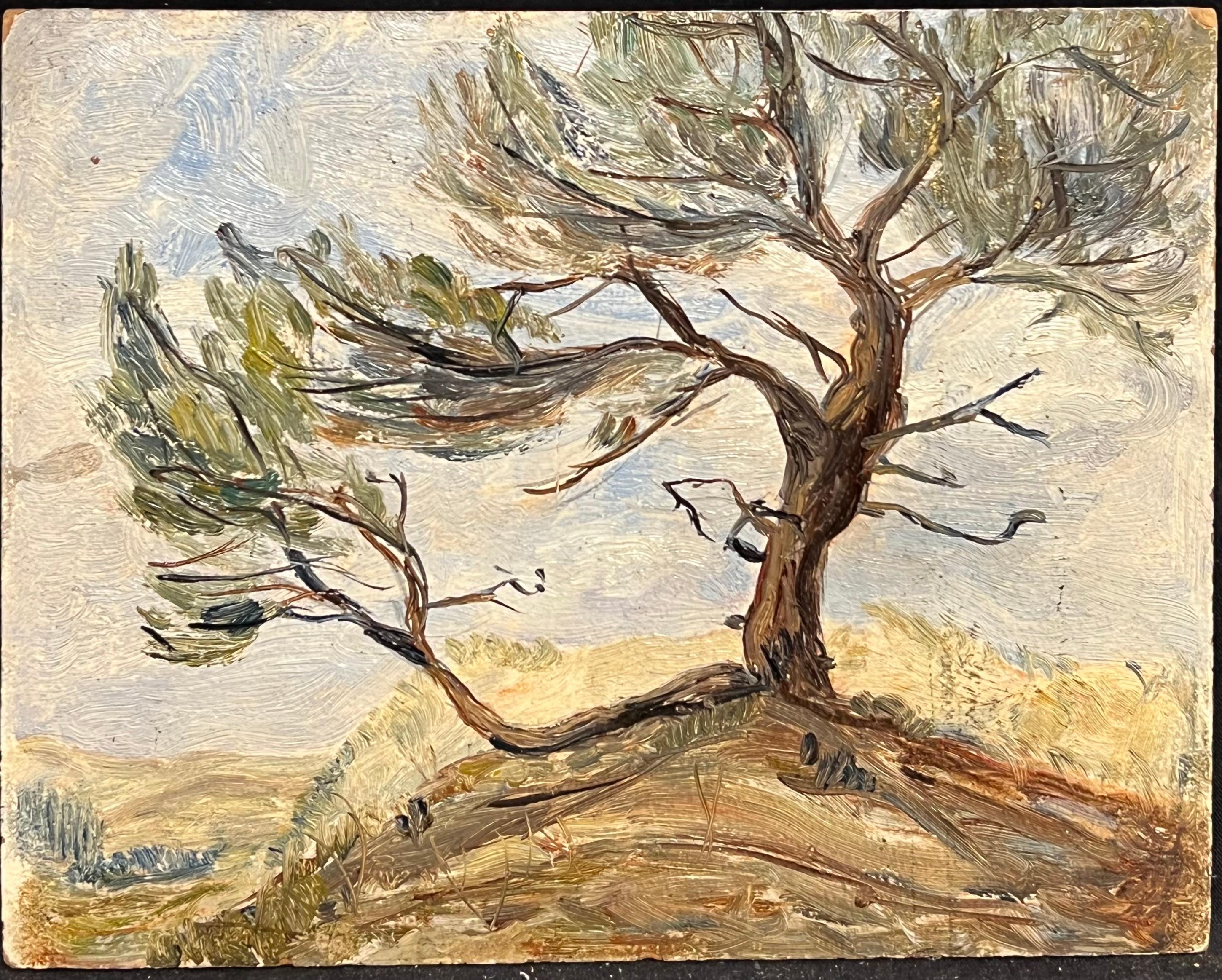 Expressive Landscape with Windswept Tree on a Hilltop - Painting by Simone Forge