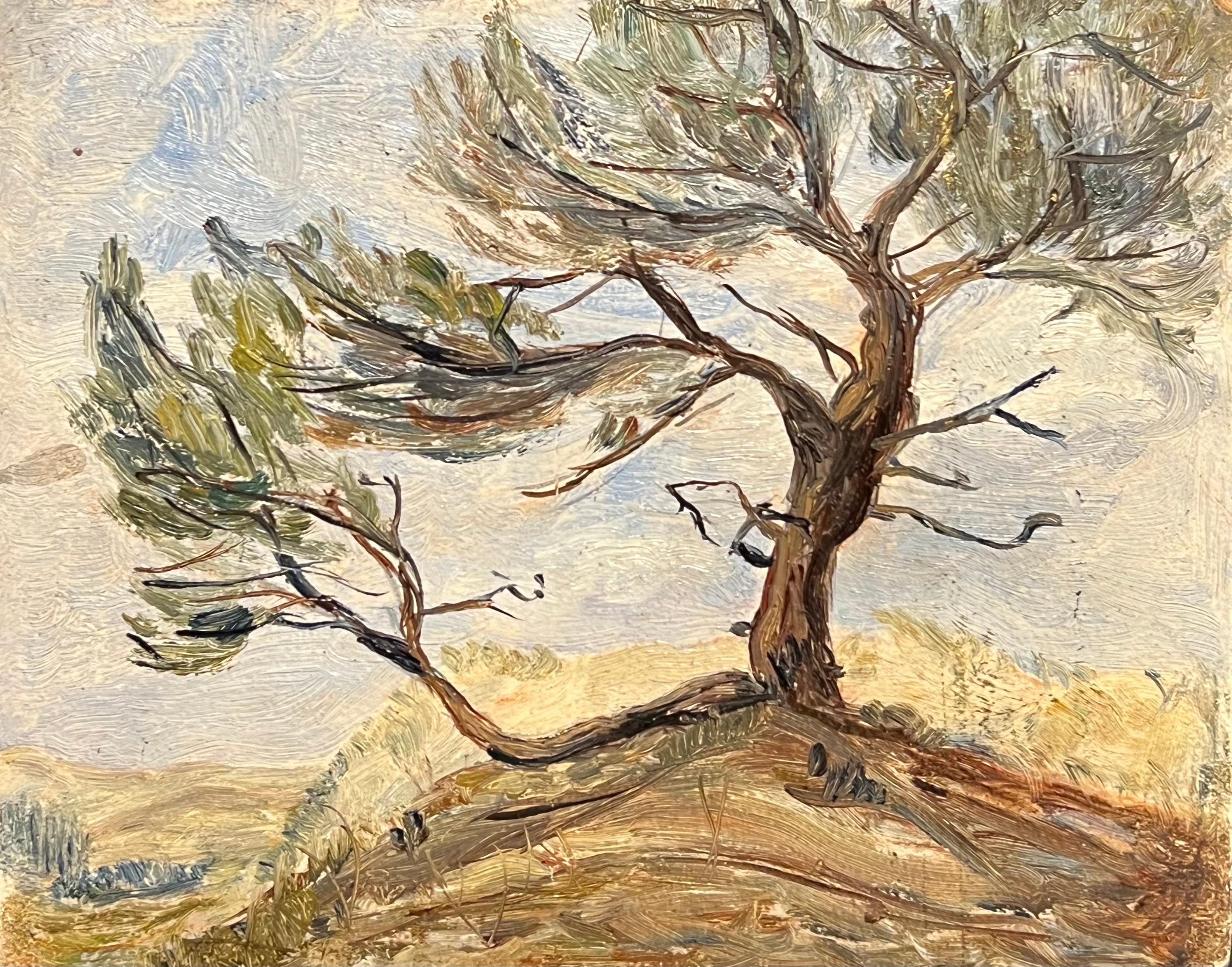 Simone Forge Landscape Painting - Expressive Landscape with Windswept Tree on a Hilltop