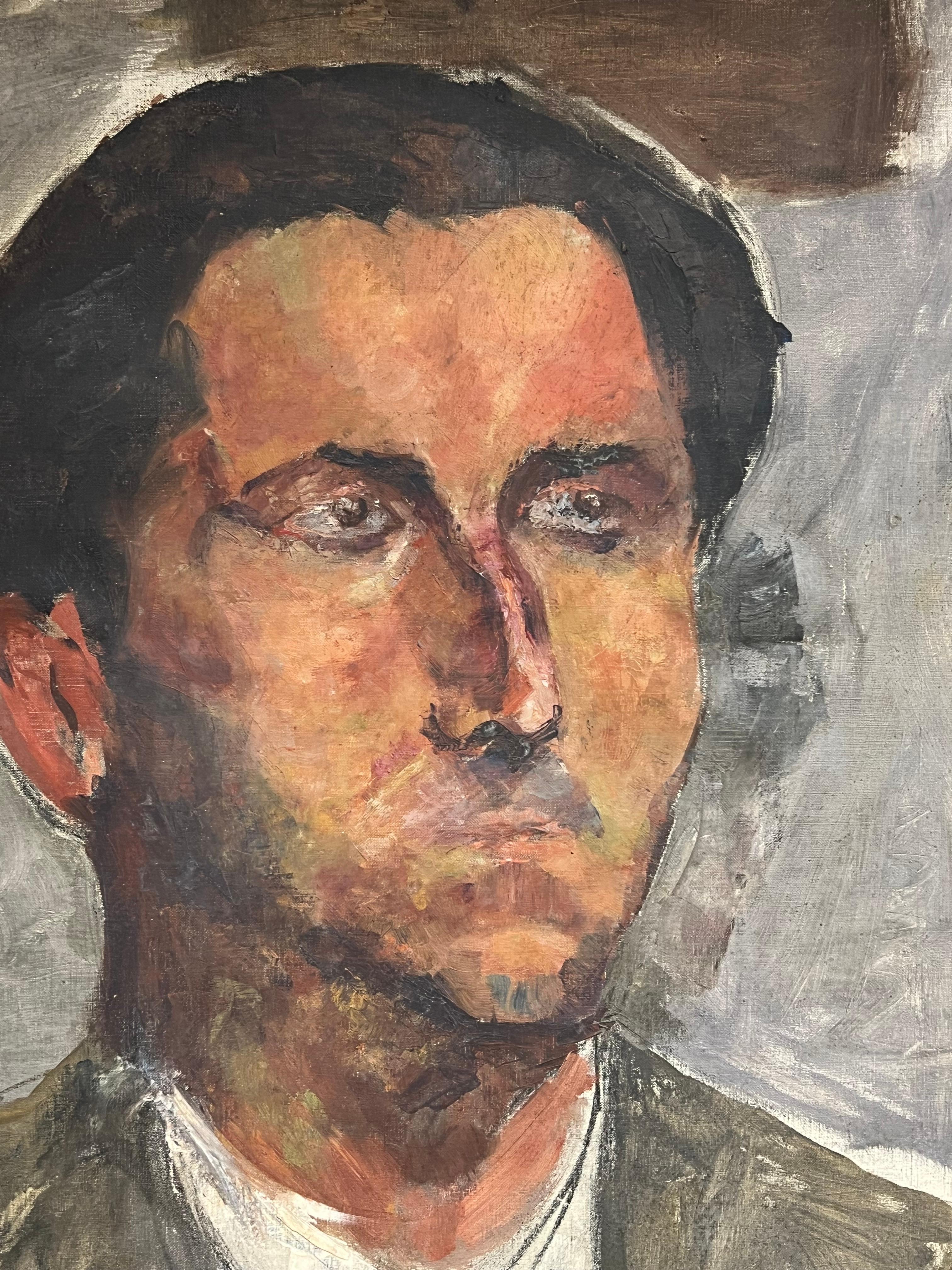 Expressionistisches männliches Porträt, Französisches Ölgemälde, Mitte des 20. Jahrhunderts (Braun), Portrait Painting, von Simone Forge