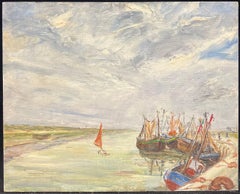 Fishing Boats Anchored along the Shore with a Red-Sailed Dinghy Harbor Landscape