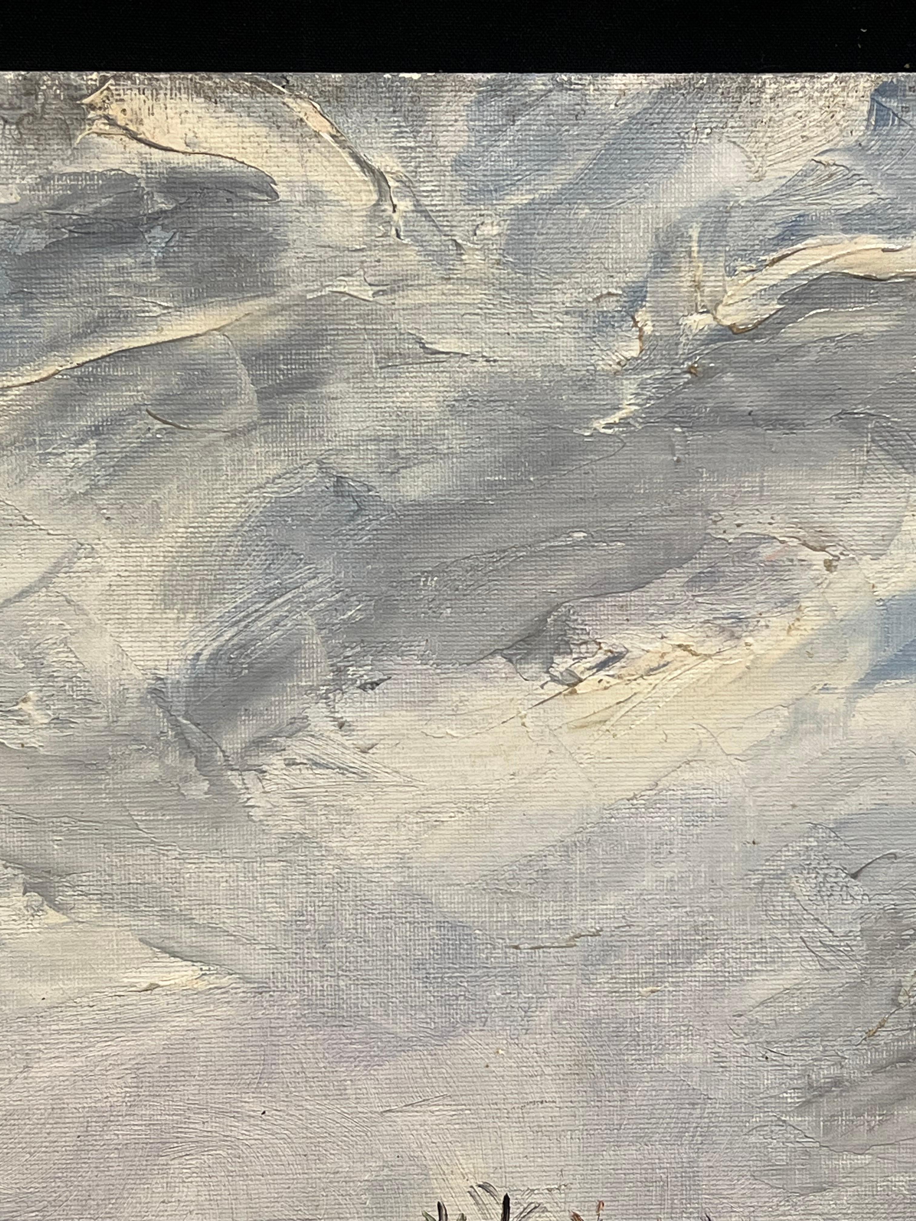 Des bateaux de pêche ancrés le long de la côte avec un paysage de port de Dinghy à voile rouge - Beige Landscape Painting par Simone Forge