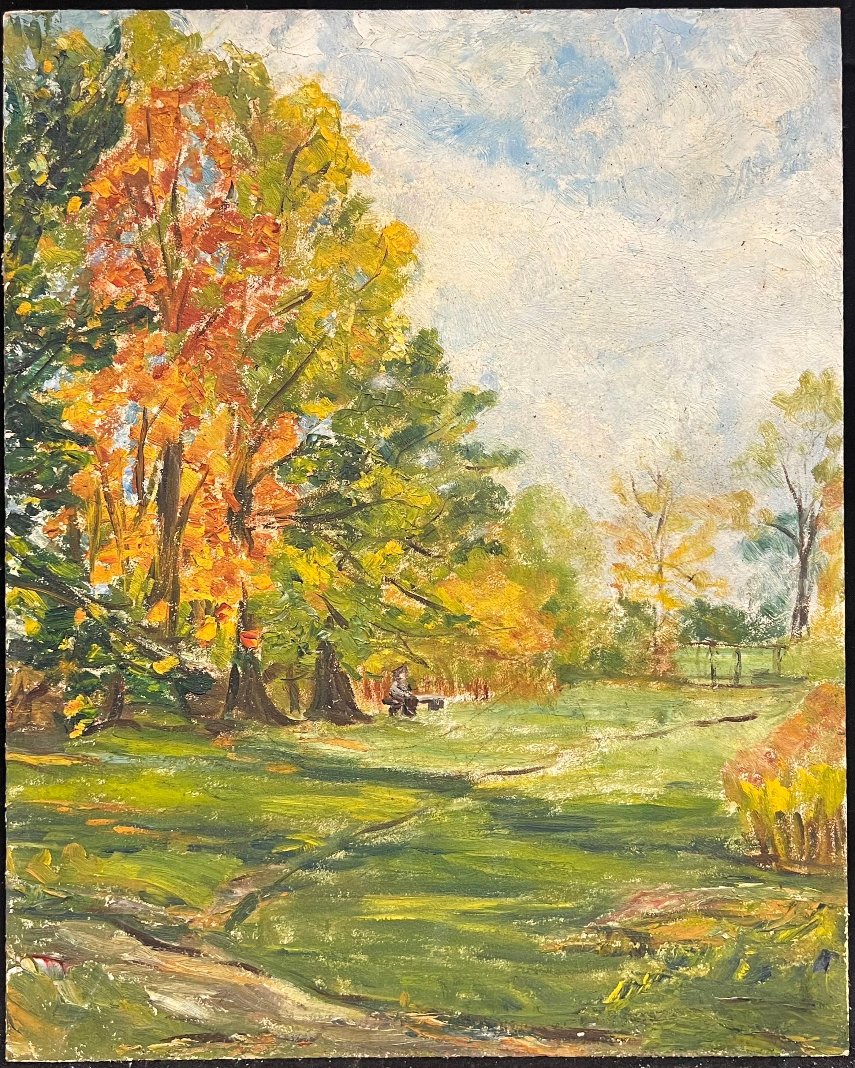 Paesaggio autunnale francese con fogliame luminoso e figure nel parco Pittura ad olio - Painting di Simone Forge