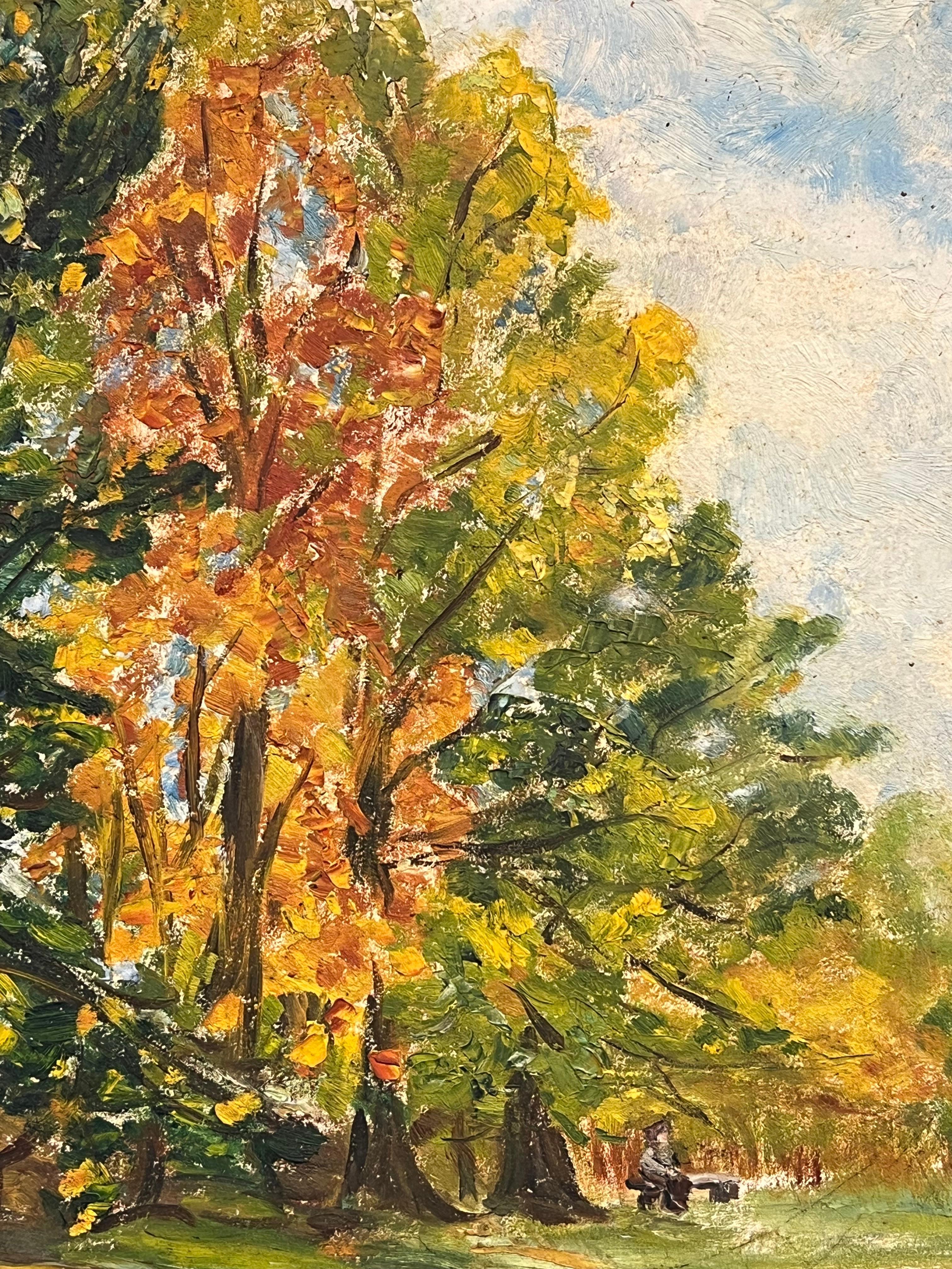Paesaggio autunnale francese con fogliame luminoso e figure nel parco Pittura ad olio - Painting Impressionismo di Simone Forge