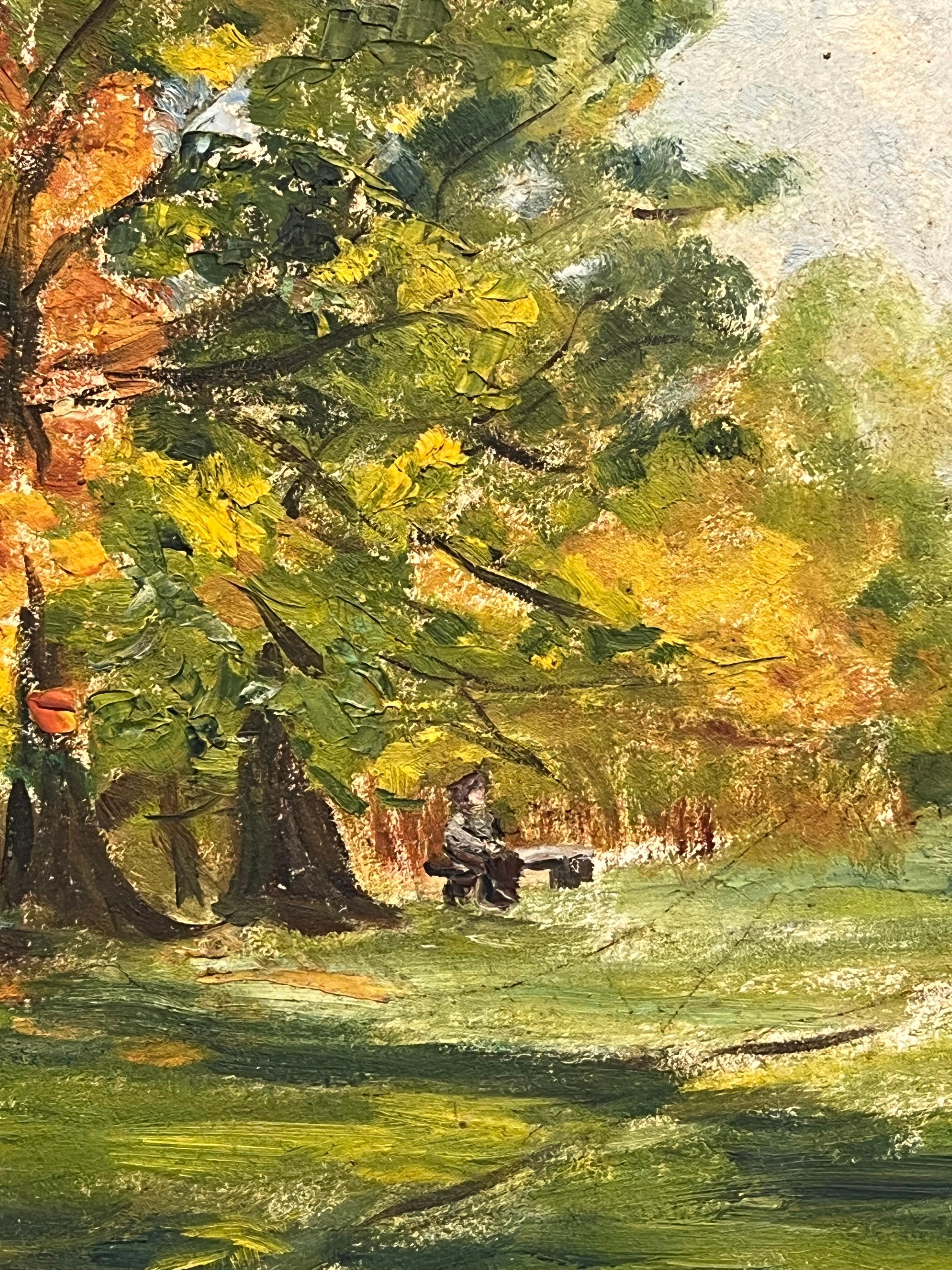 Paesaggio autunnale francese con fogliame luminoso e figure nel parco Pittura ad olio - Figurative Painting Marrone di Simone Forge
