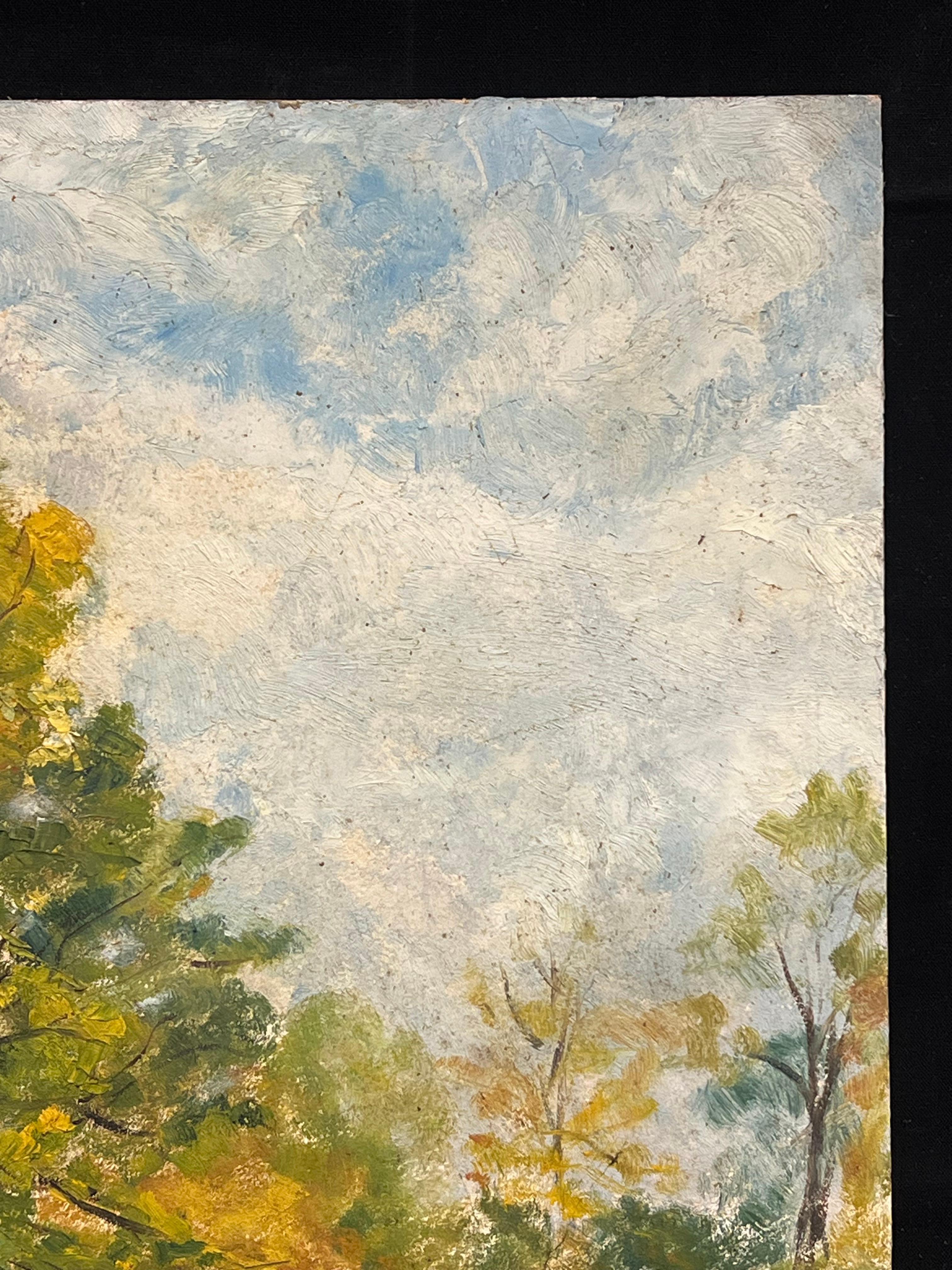 Paesaggio autunnale francese con fogliame luminoso e figure nel parco Pittura ad olio in vendita 1
