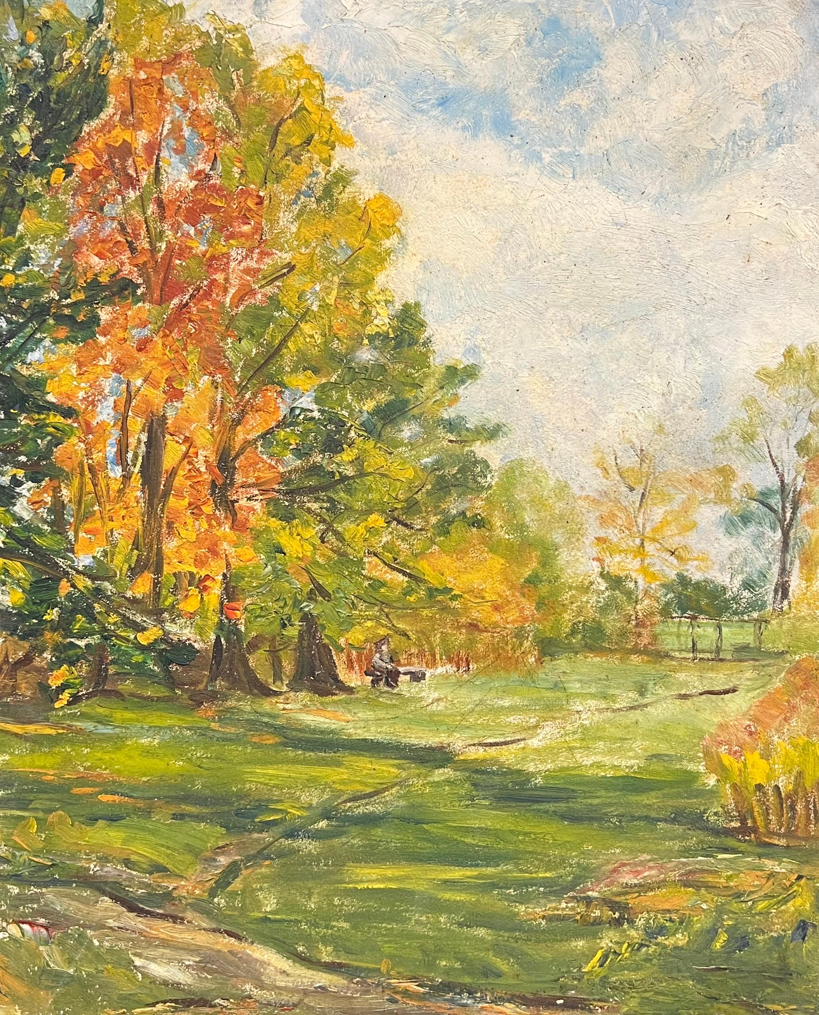 Paisaje otoñal francés con follaje brillante y figuras en el parque Pintura al óleo