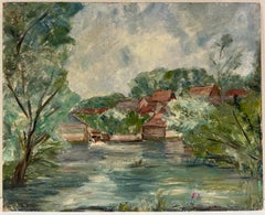 Village de bord de rivière impressionniste français avec coqs rouges et feuillage verdant