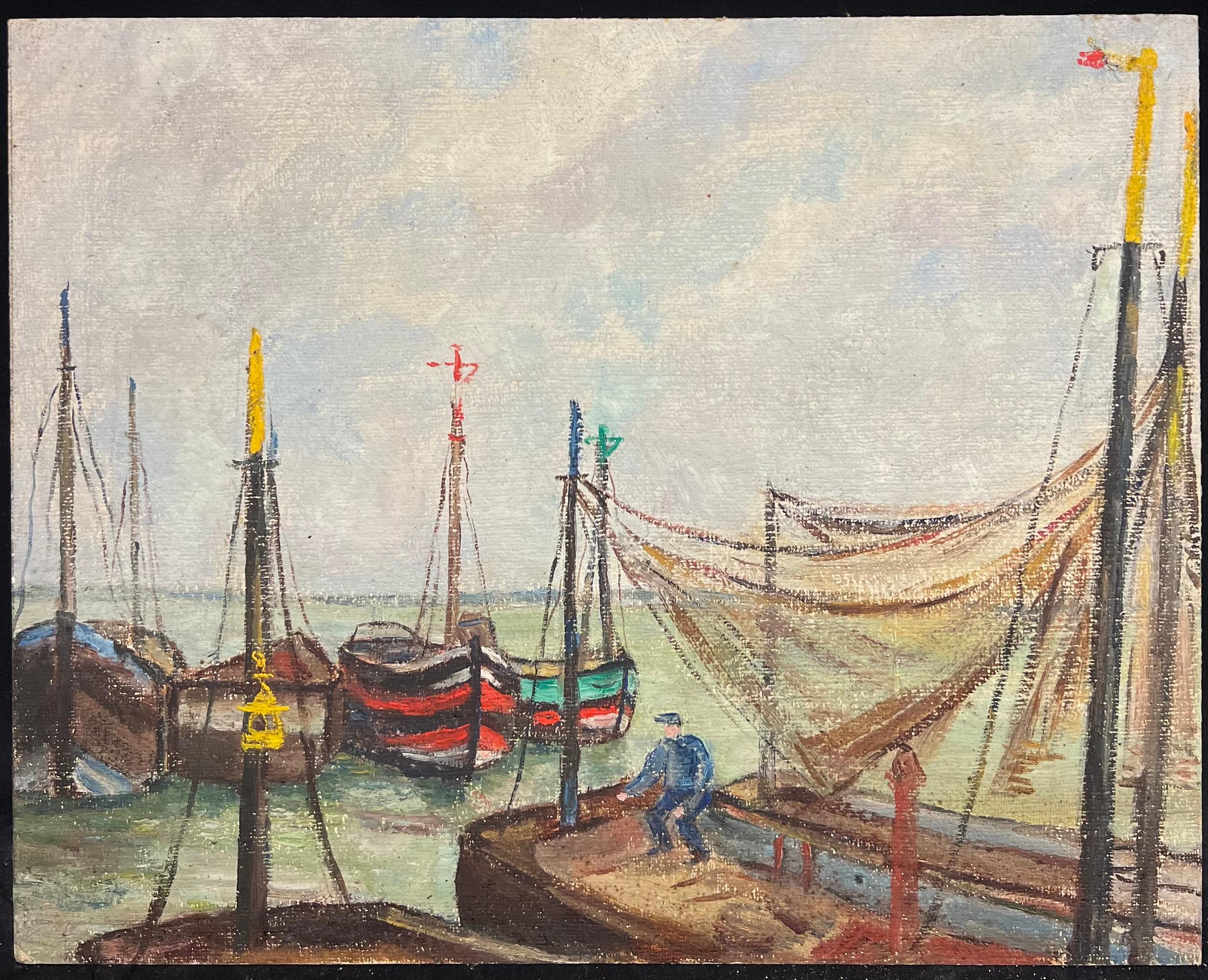 Hafenszene mit Fischern und bunten Booten Netze hochgezogen Port Étalpes Frankreich – Painting von Simone Forge