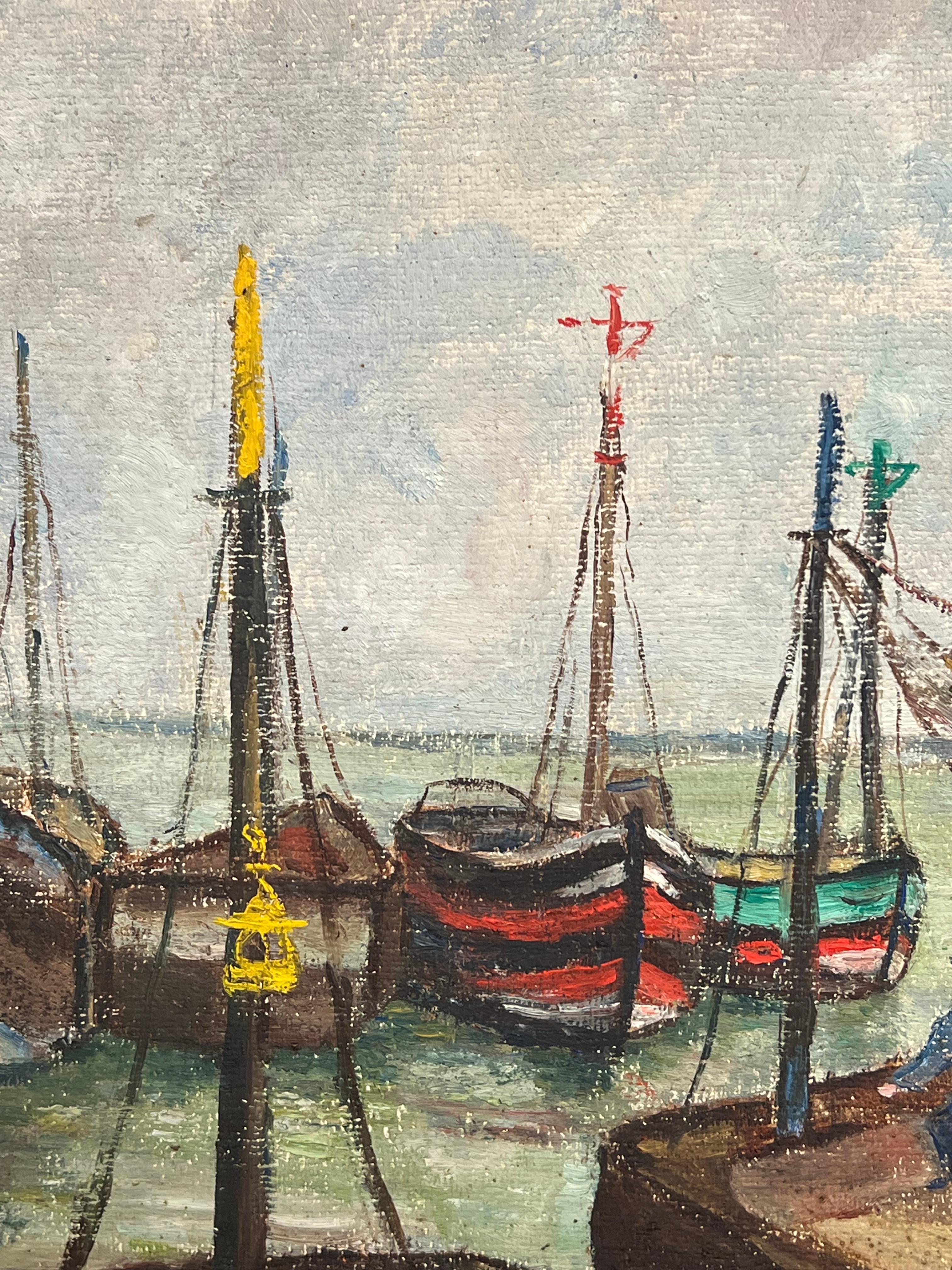 Hafenszene mit Fischern und bunten Booten Netze hochgezogen Port Étalpes Frankreich (Impressionismus), Painting, von Simone Forge