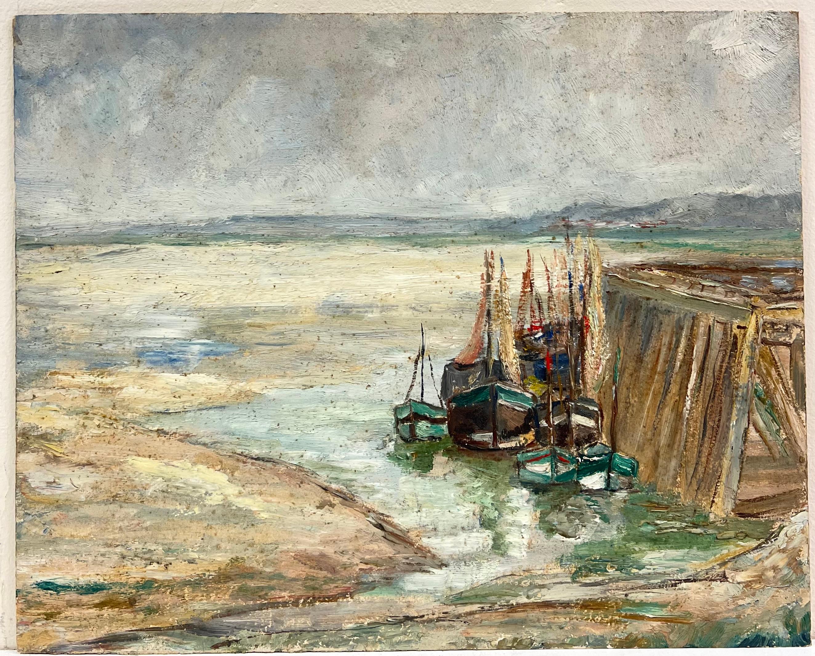 Der Hafen bei Ebbe mit Booten am Pier 1930er Jahre Französischer Impressionist – Painting von Simone Forge