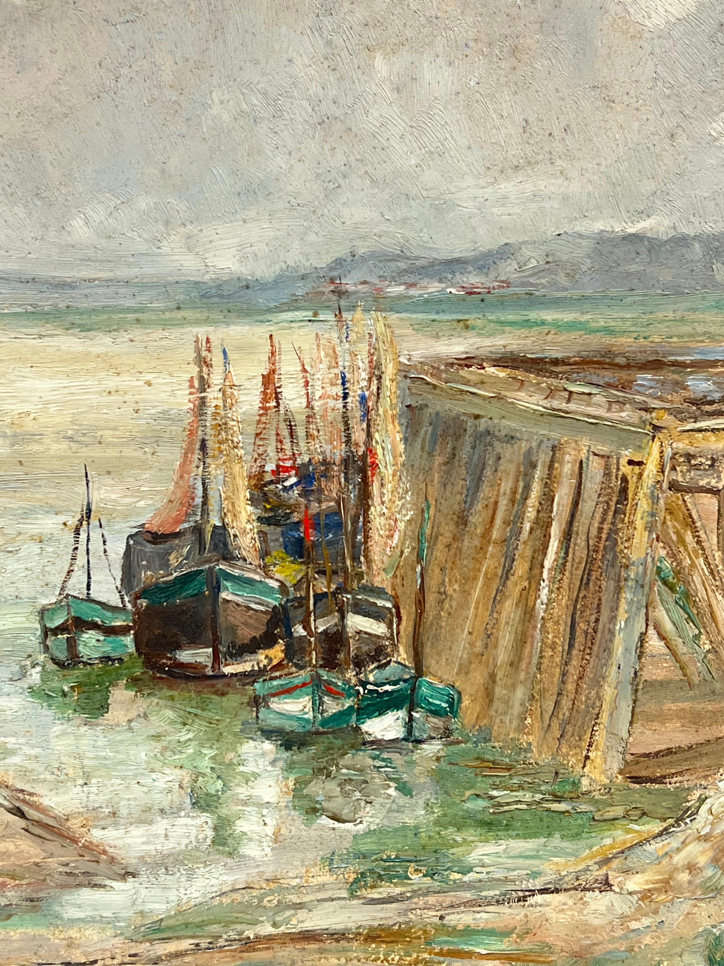 Der Hafen bei Ebbe mit Booten am Pier 1930er Jahre Französischer Impressionist (Impressionismus), Painting, von Simone Forge