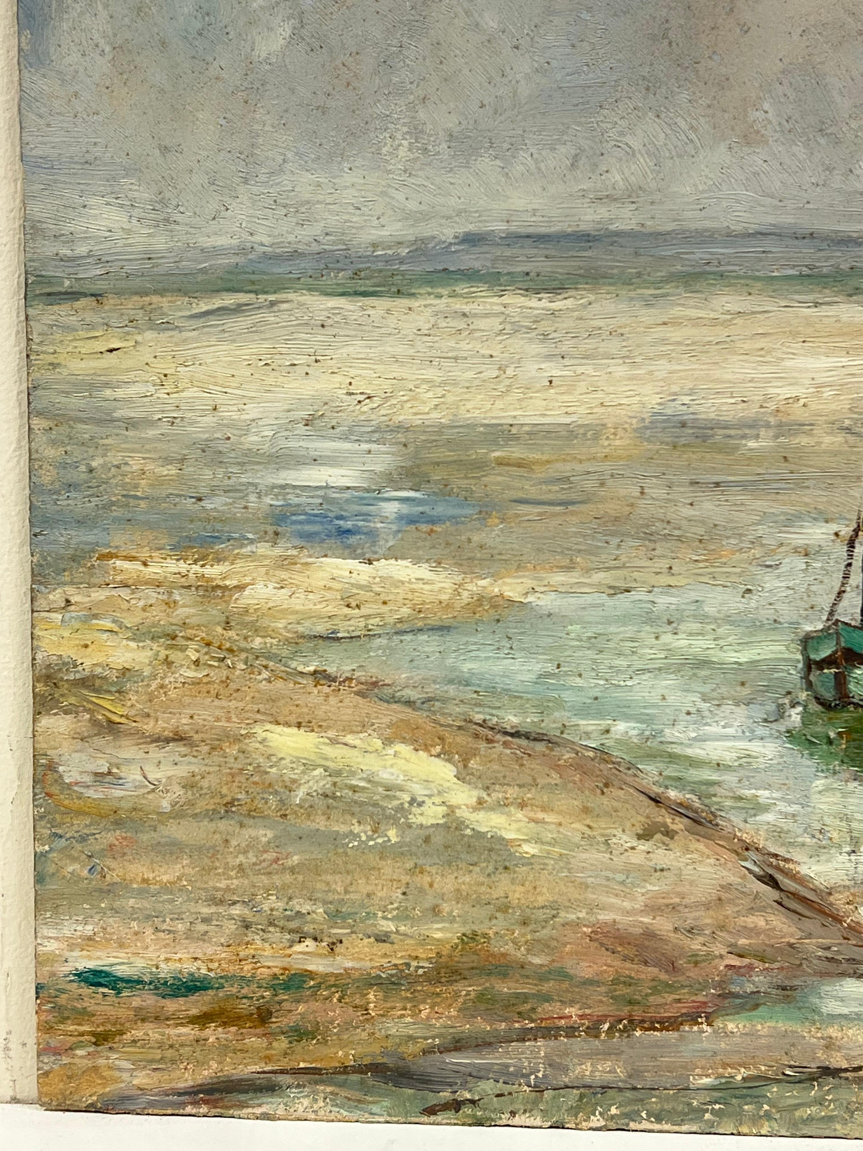 Der Hafen bei Ebbe mit Booten am Pier 1930er Jahre Französischer Impressionist (Braun), Landscape Painting, von Simone Forge
