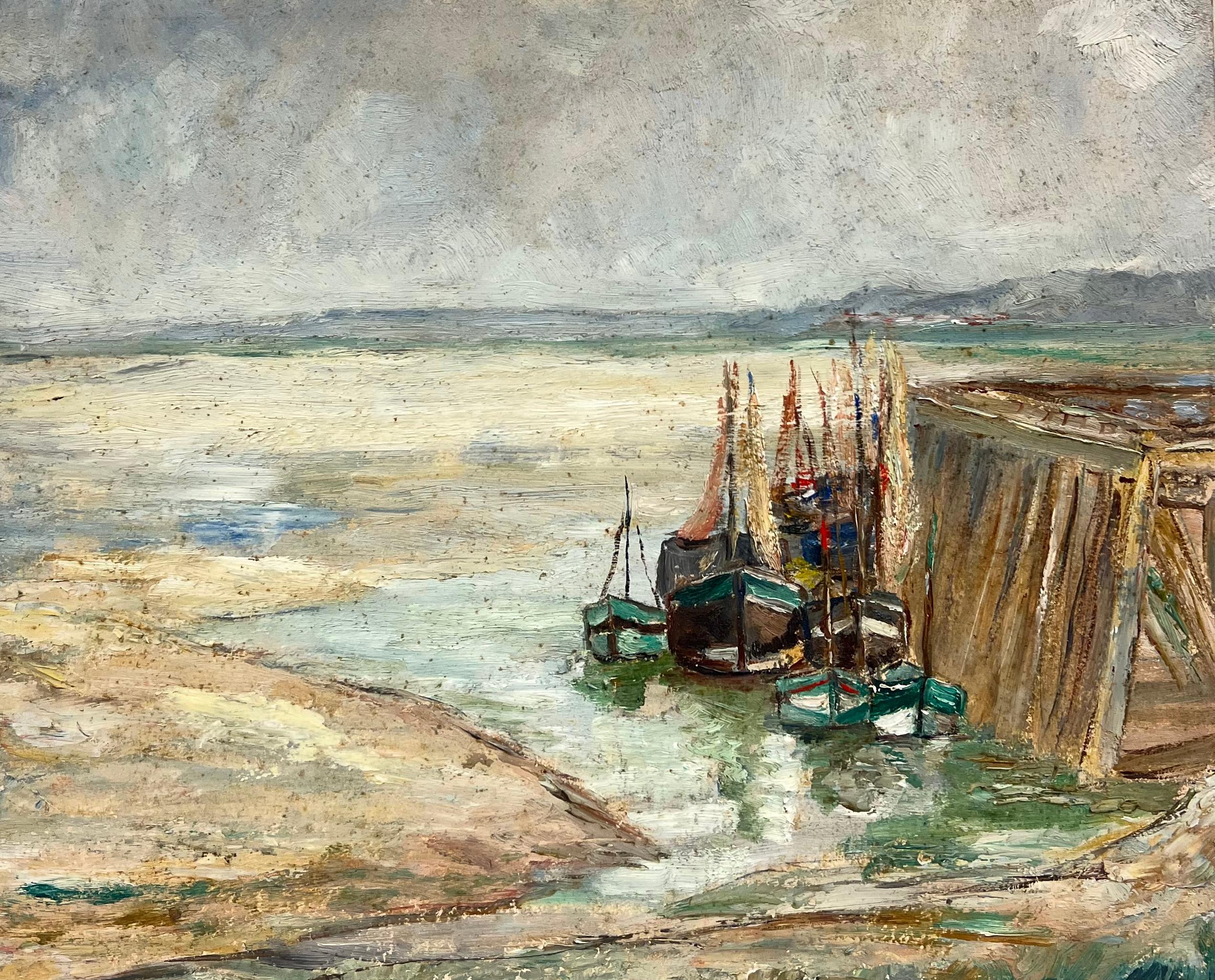 Der Hafen bei Ebbe mit Booten am Pier 1930er Jahre Französischer Impressionist