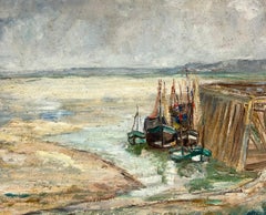 Port à marée basse avec bateaux près de la jetée Impressionniste français des années 1930