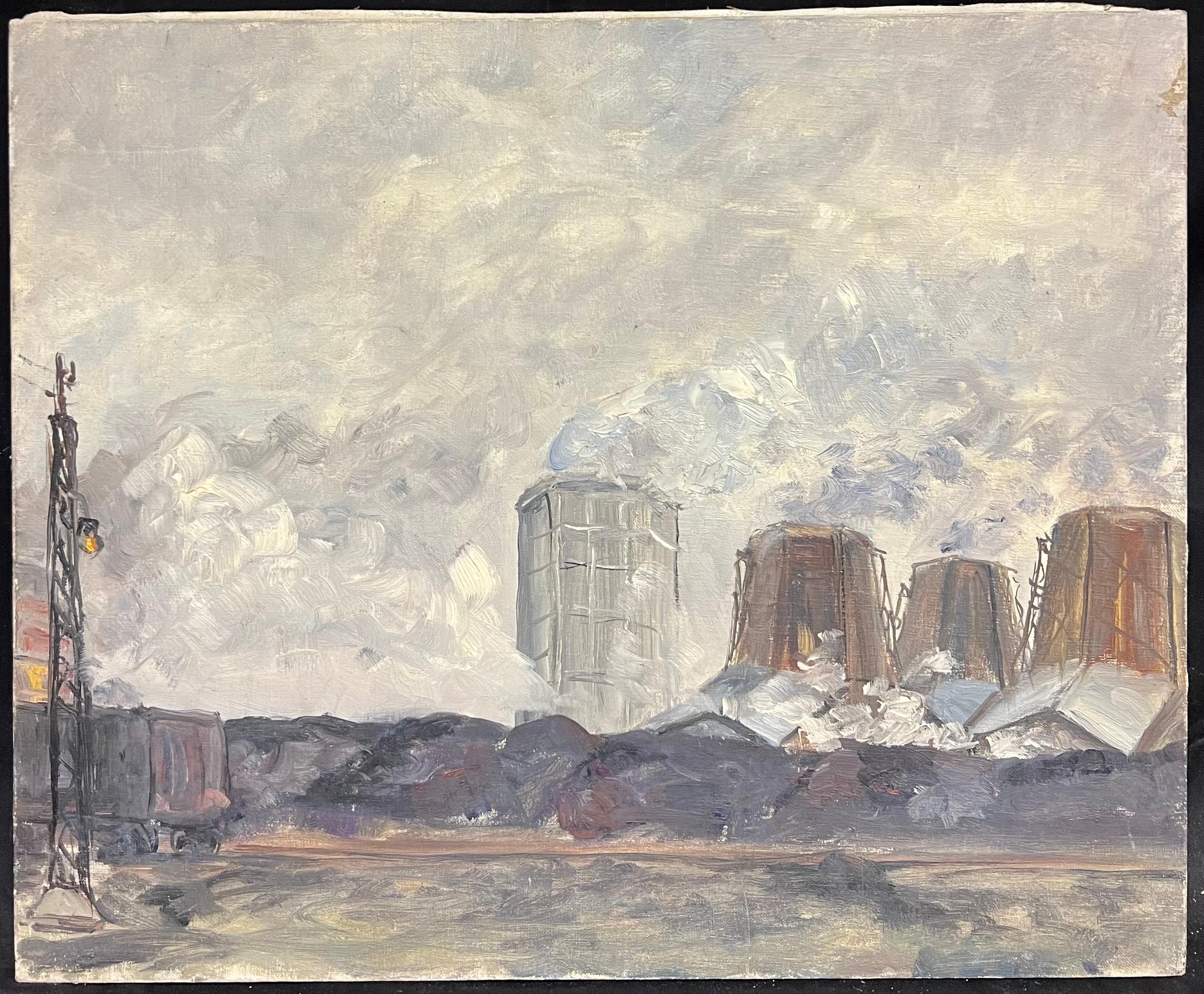 Industrial Landscape with Smokestacks and Cooling Towers Under a Cloudy Sky - Painting by Simone Forge