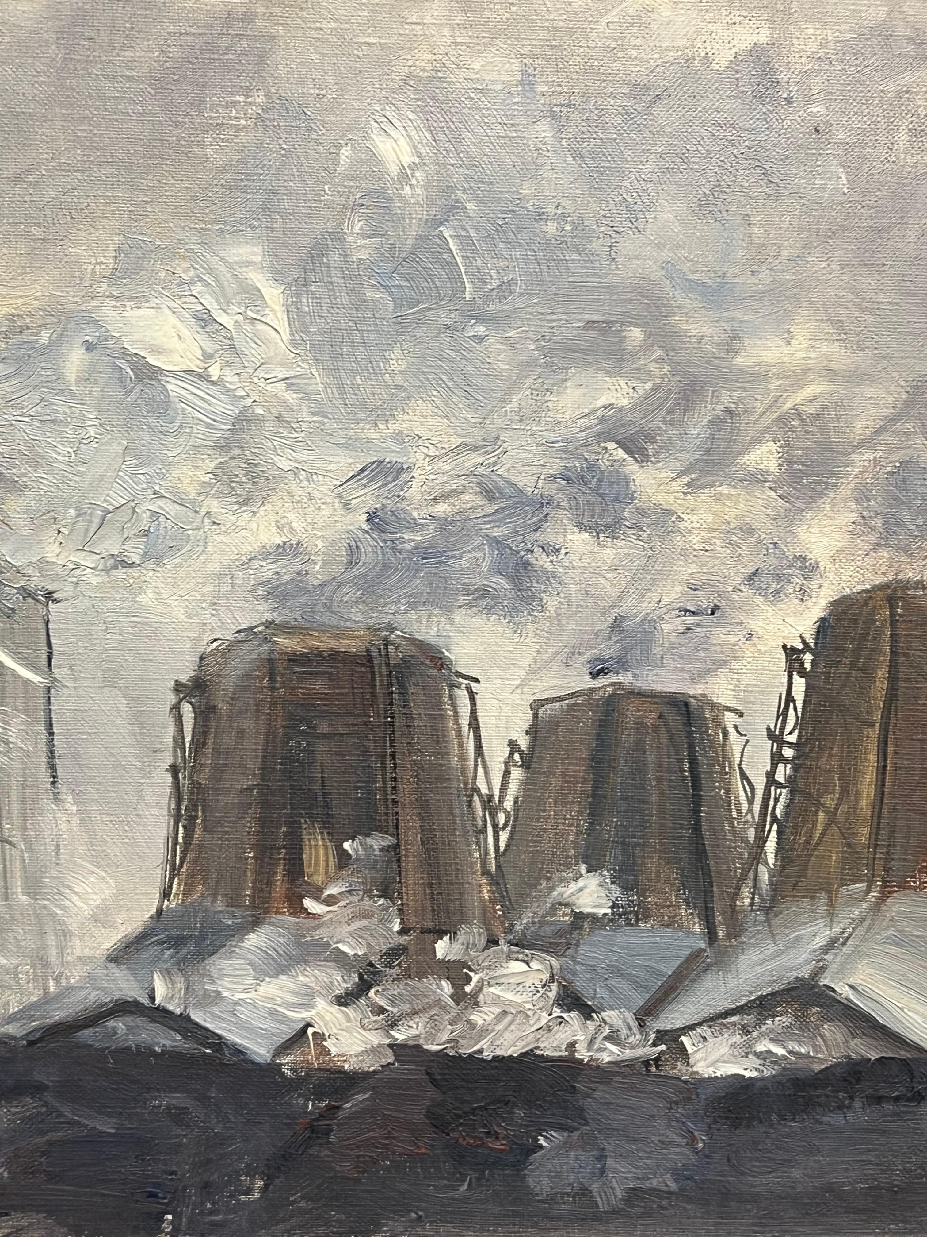 Industrial Landscape with Smokestacks and Cooling Towers Under a Cloudy Sky - Impressionist Painting by Simone Forge