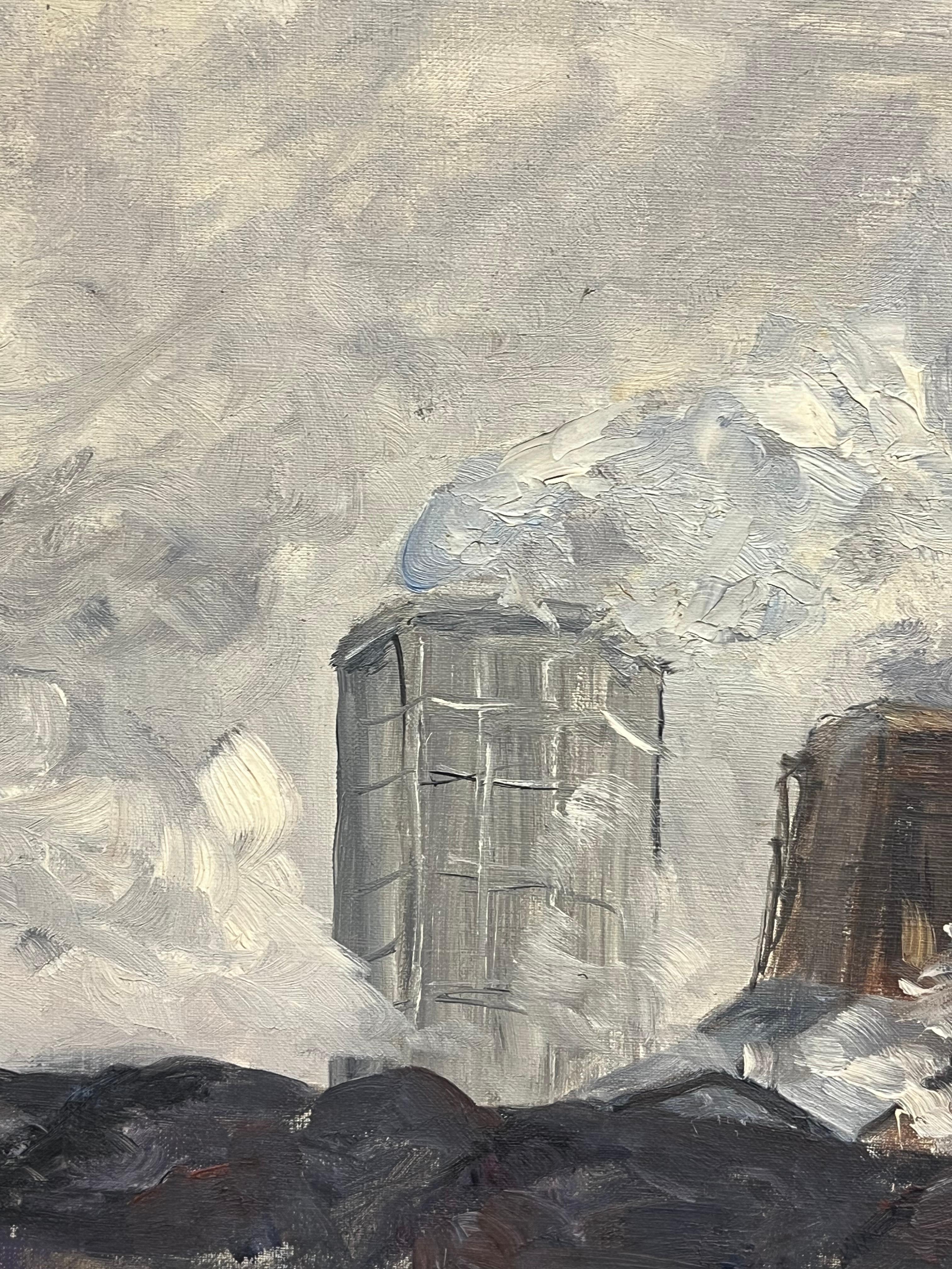 Industrial Landscape with Smokestacks and Cooling Towers Under a Cloudy Sky - Beige Landscape Painting by Simone Forge