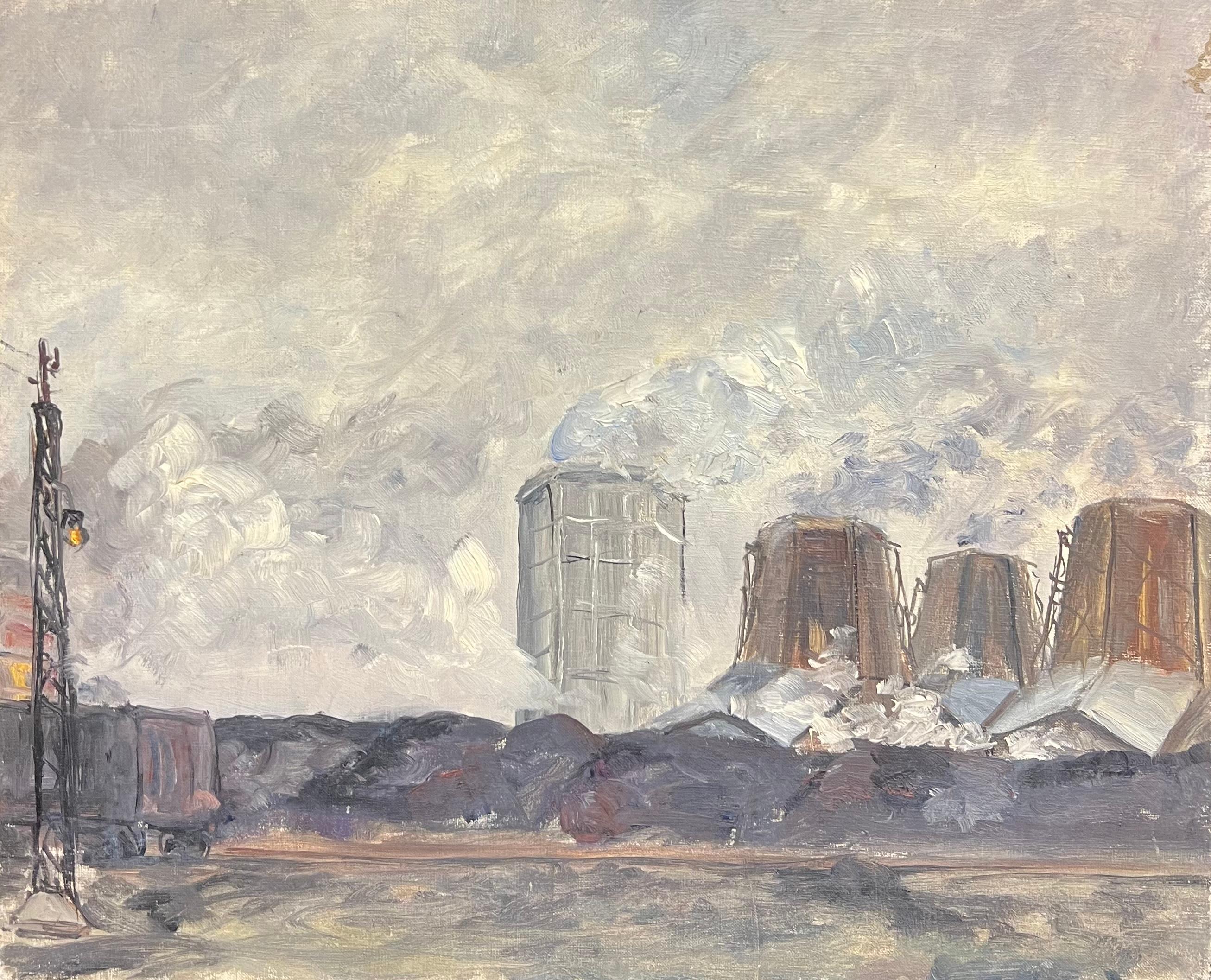 Simone Forge Landscape Painting - Industrial Landscape with Smokestacks and Cooling Towers Under a Cloudy Sky