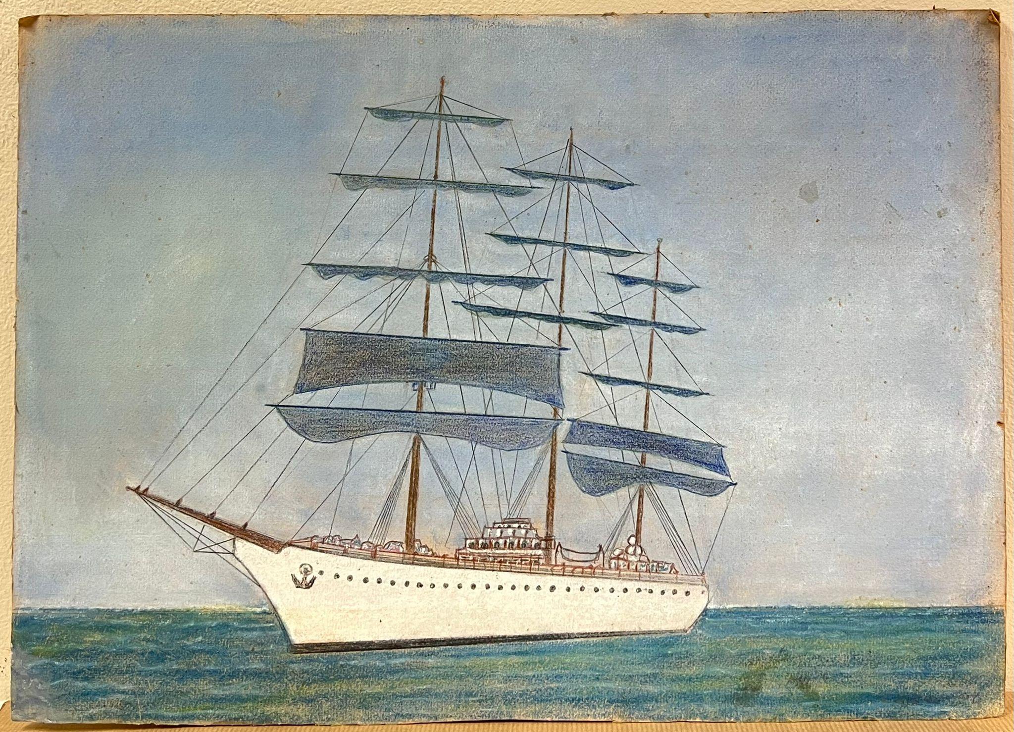 Majestuoso velero de tres mástiles en el mar Pintura al pastel francesa - Painting de Simone Forge