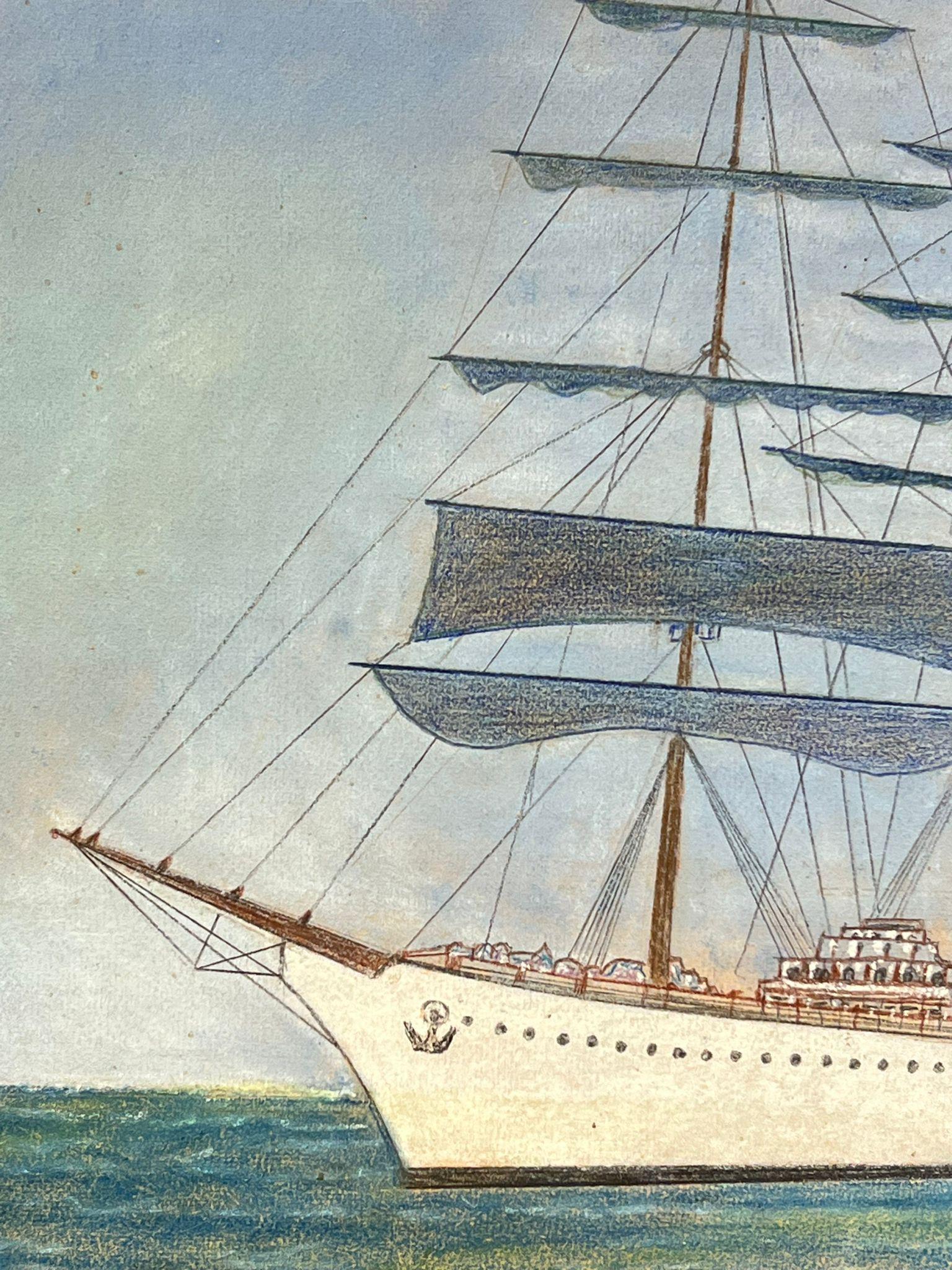 Majestuoso velero de tres mástiles en el mar Pintura al pastel francesa - Painting Impresionista de Simone Forge