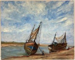 Mid 20th Century French Impressionist Oil Beached Fishing Boats Coastline